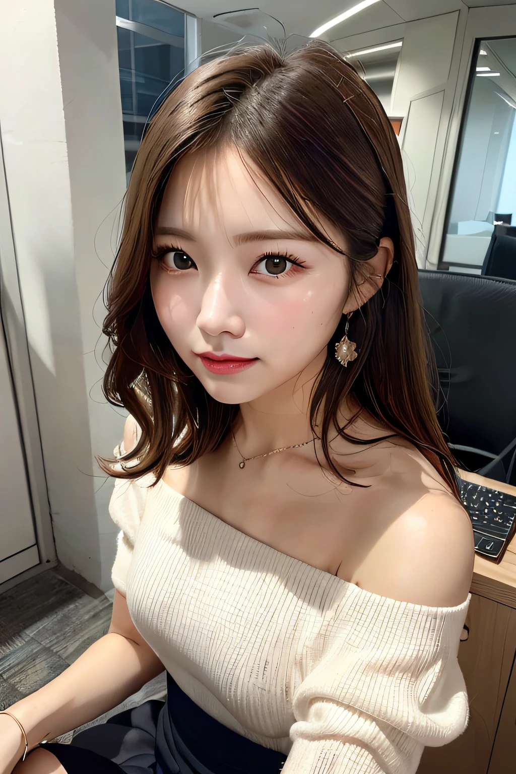 (masutepiece:1.3), High resolution, ultra-detailliert, the Extremely Detailed CG Unity 8K Wallpapers, Realistic, Photorealsitic, Raw photo, beautifull detailed face, pale skin, realistic glistening skin, Detailed Cloth Texture, detailed hair texture, Perfect body, Beautiful face, acurate, Anatomically correct, Highly detailed face and skin texture, Natural neck length, (Beautiful hands), (Fair skin:1.2), thin legs, Thin feet,
BREAK,
Detailed eyes, symmetrical eye, Light brown eyes, Double eyelids, Thin eyebrows, (Glossy lips:1.4), ((Waiting for a kiss:1.2)), (blush:1.1),
BREAK,
(Classy and cute girl:1.3), (Wearing a classy off-shoulder white blouse), (Orange flared skirt:1.2),
medium breasts, (Slender figure:1.1), Firm abs, Beautiful collarbone,
(Dark blonde hair, Wavy Hair, Long hair:1.3), ((asymmetrical bangs:1.2)), (upperbody shot:1.2), Looking at Viewer, (From above:0.65),
BREAK,
((Stand close to me and reach out in front:1.3)), (She said I would wait in front of the station at 10 o'clock),
(In a private working space), ((In a modern office in Japan)),