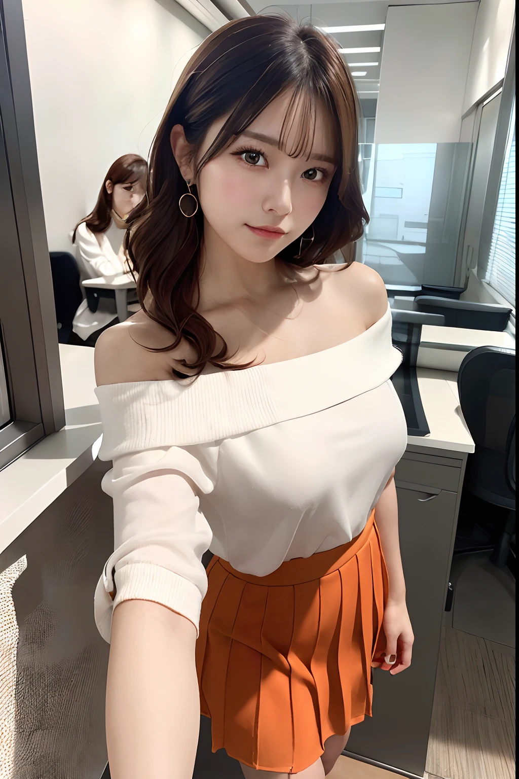 (masutepiece:1.3), High resolution, ultra-detailliert, the Extremely Detailed CG Unity 8K Wallpapers, Realistic, Photorealsitic, Raw photo, beautifull detailed face, pale skin, realistic glistening skin, Detailed Cloth Texture, detailed hair texture, Perfect body, Beautiful face, acurate, Anatomically correct, Highly detailed face and skin texture, Natural neck length, (Beautiful hands), (Fair skin:1.2), thin legs, Thin feet, 
BREAK, 
Detailed eyes, symmetrical eye, Light brown eyes, Double eyelids, Thin eyebrows, (Glossy lips:1.4), ((Waiting for a kiss:1.2)), (blush:1.1),
BREAK, 
(Classy and cute girl:1.3), (Wearing a classy off-shoulder white blouse), (Orange flared skirt:1.2), 
medium breasts, (Slender figure:1.1), Firm abs, Beautiful collarbone, 
(Dark blonde hair, Wavy Hair, Long hair:1.3), ((asymmetrical bangs:1.2)), (upperbody shot:1.2), Looking at Viewer, (From  above:0.65),
BREAK, 
((Stand close to me and reach out in front:1.3)), (She said I would wait in front of the station at 10 o'clock), 
(In a private working space), ((In a modern office in Japan)),