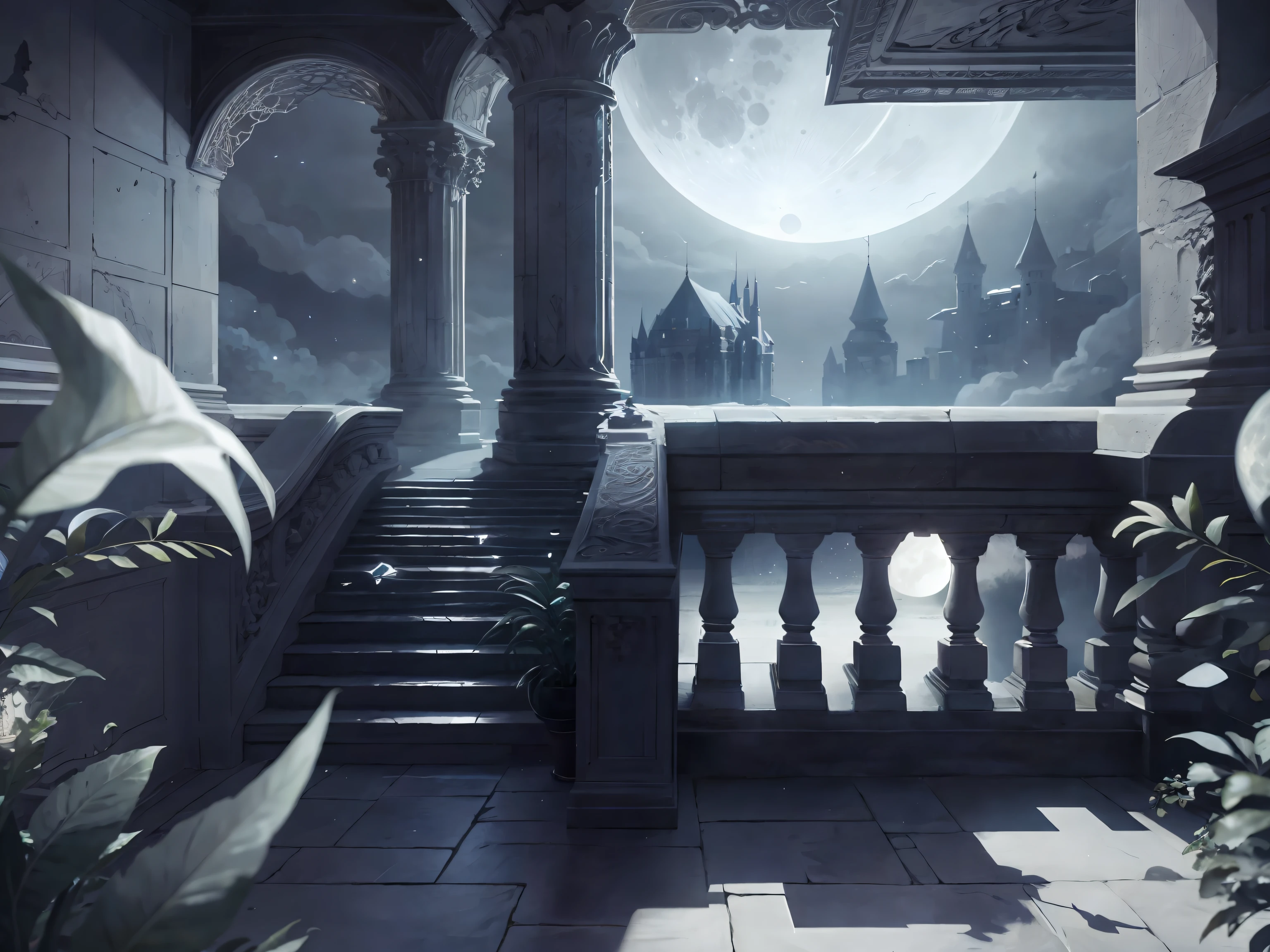 masterpiece, high quality, best quality, official art, beautiful and aesthetic, extremely detailed, Close-up of balcony with columns and full moon view, moon background, moonlight background, moonlit night, dreamy atmosphere, stunning arcanum background, gothic background, moonlit night, dark fantasy background, palace background, castle shadow background, atmospheric night, moonlit night, background artwork, night background