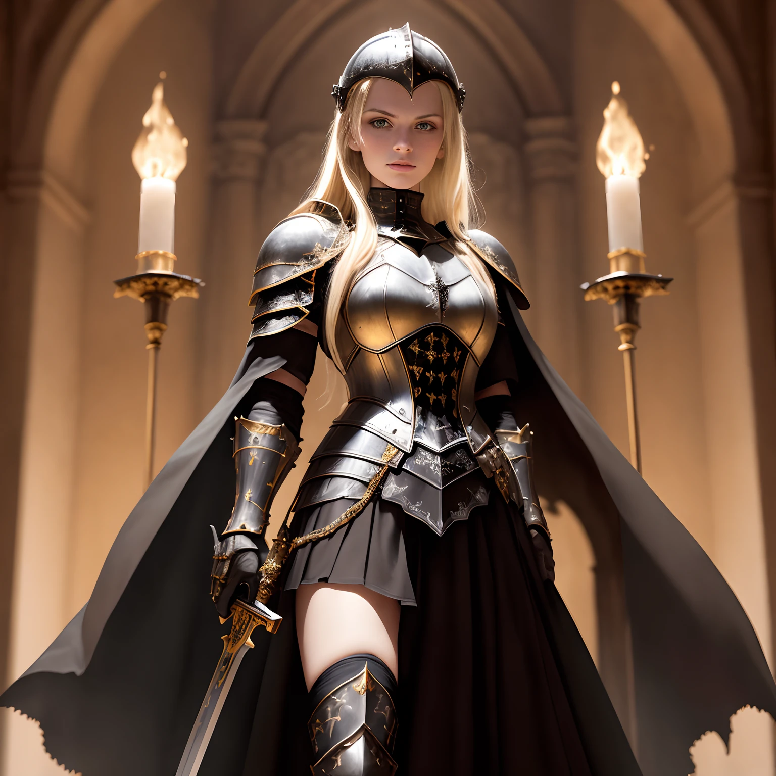 ((American photo)), young woman in black gothic knight armor with gold trim, helmet, micro skirt, small tattoo on thigh, blonde, beautiful, in a castle, solemnly holding a large sword, high details, realistic, light of hero, fire background, cinematic color grade