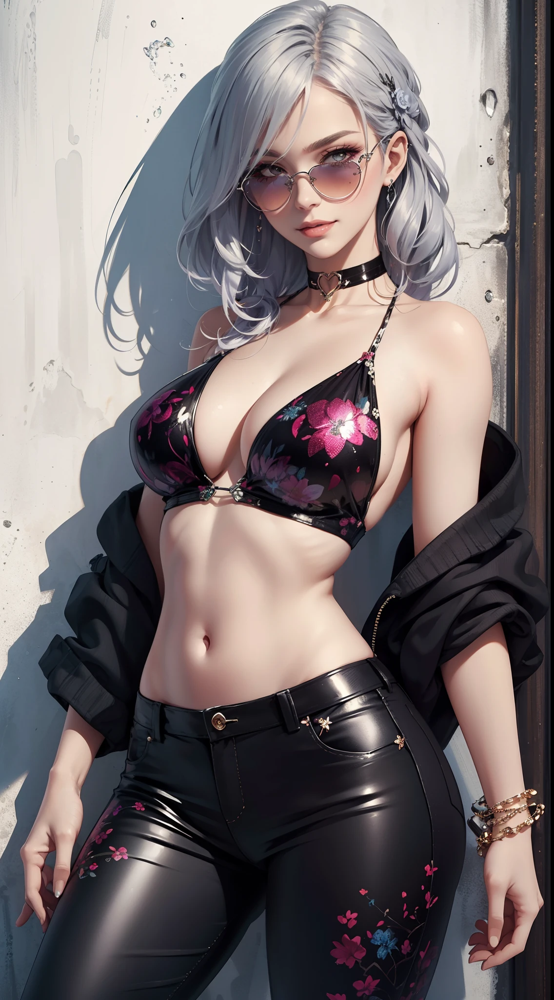 ((best quality, masterpiece)), detailed, realistic, 1woman, cool, fancy sleeveless floral print sexy sequin bikini top, stylish pants, choker, long stylish platinum silver hair, dark shades, smug smile