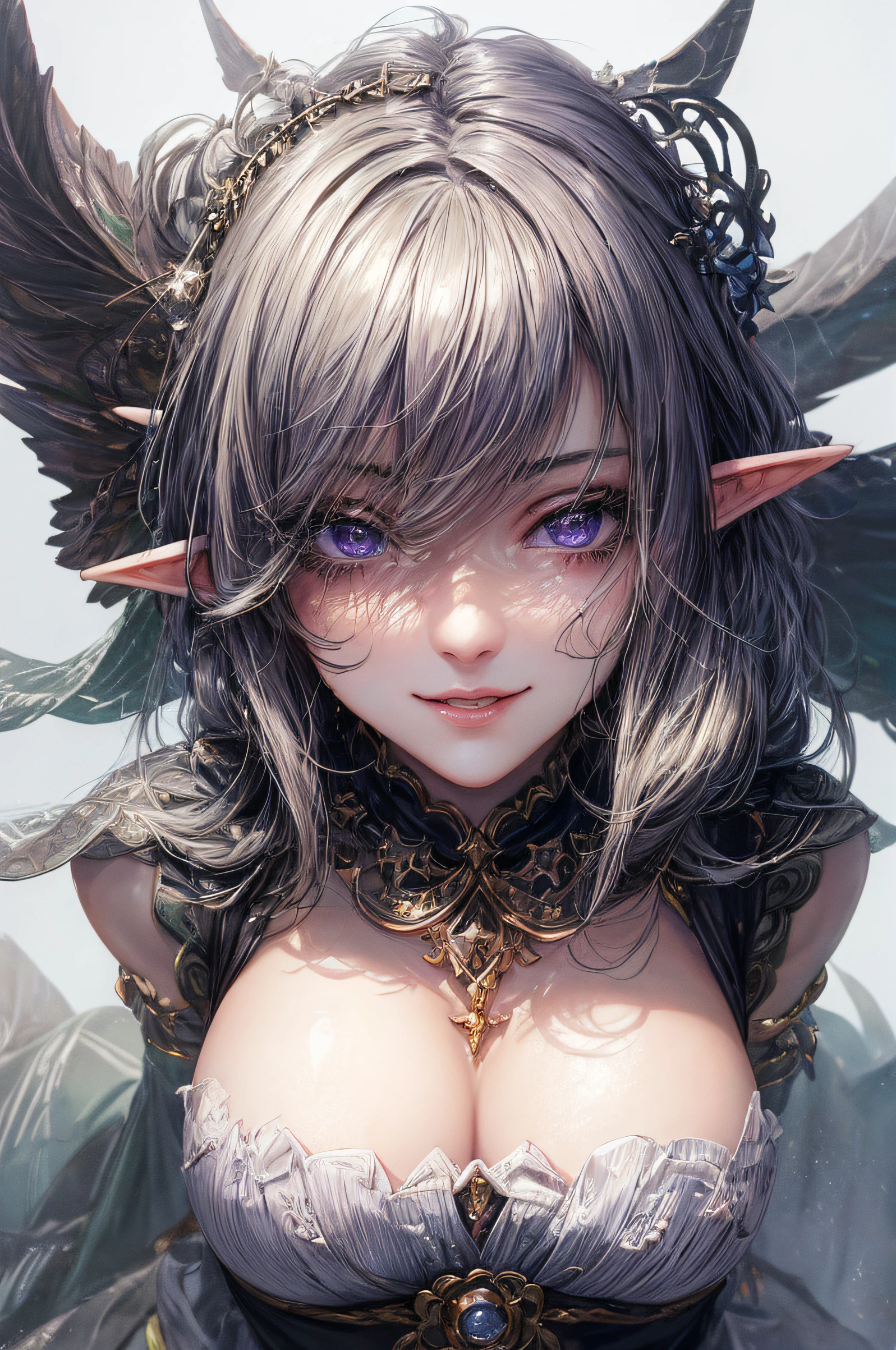 The girl leans over and looks at the camera with beautiful purple eyes and an attractive smile, black mask on the face, Beautiful long elven ears, portrait of an elf, Portrait of a very beautiful elf woman, green hair, Stars in her fixed eyes, breathtaking rendering, extreme closeup, Sweet girl, attractive anime girl, beautiful anime girl, Cute beautiful anime woman, detailed digital anime art, beautiful anime girl, beautiful anime girl, Anime with small details, Best Quality, Masterpiece, Ultra-detailed, Beautiful, hight resolution, Original,CG 8K ультрареалистичный, perfect artwork, beatiful face, Face Clean, Skin, hyper realistic, Ultra Detailed, A detailed eye, dramatic lighting, (Realistic) Realistic, Full HD, Best Quality, Best Quality, Beautiful lighting, (8k wallpaper of extremely detailed CG unit), High Details, sharp-focus, The art of dramatic and photorealistic painting, beautiful smile, Incredibly detailed face, hyper detailed face, A face with a lot of detail, Perfect nose, gorgeous smile, A star in the eye, Perfect eye shadow, wink, Hyper-Detailed Eyes, Hyper-detailing of eyebrows, Hyper-detailed eyelashes,