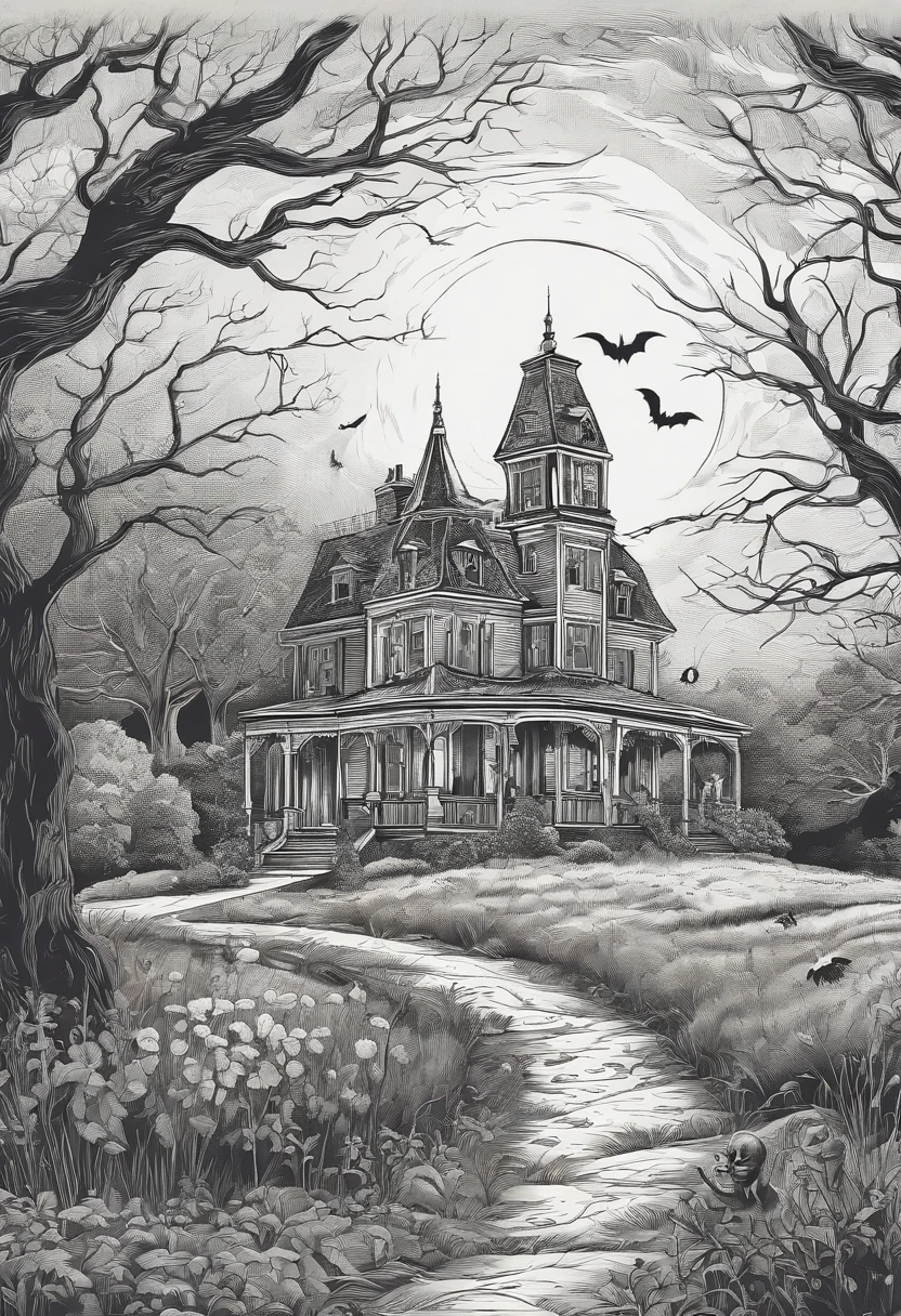 best quality, a stunning lineart artwork of Halloween on the countryside, intricately detailed, (best shadow)