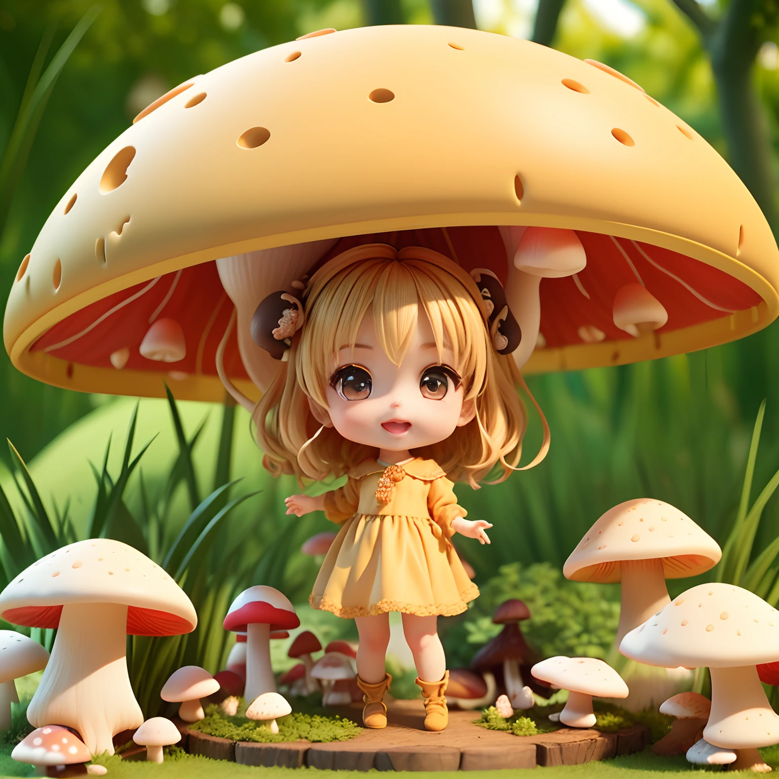 Cute Chibi Anime、(((chibi 3d))) (Best Quality) (masutepiece)、Chibi Model、Wild Beige Hair、(Mushrooms on the head:1.5)、Red gown style dress、Fairytale mushroom forest、hyperdetailed face、Open your mouth and smile、Standing、