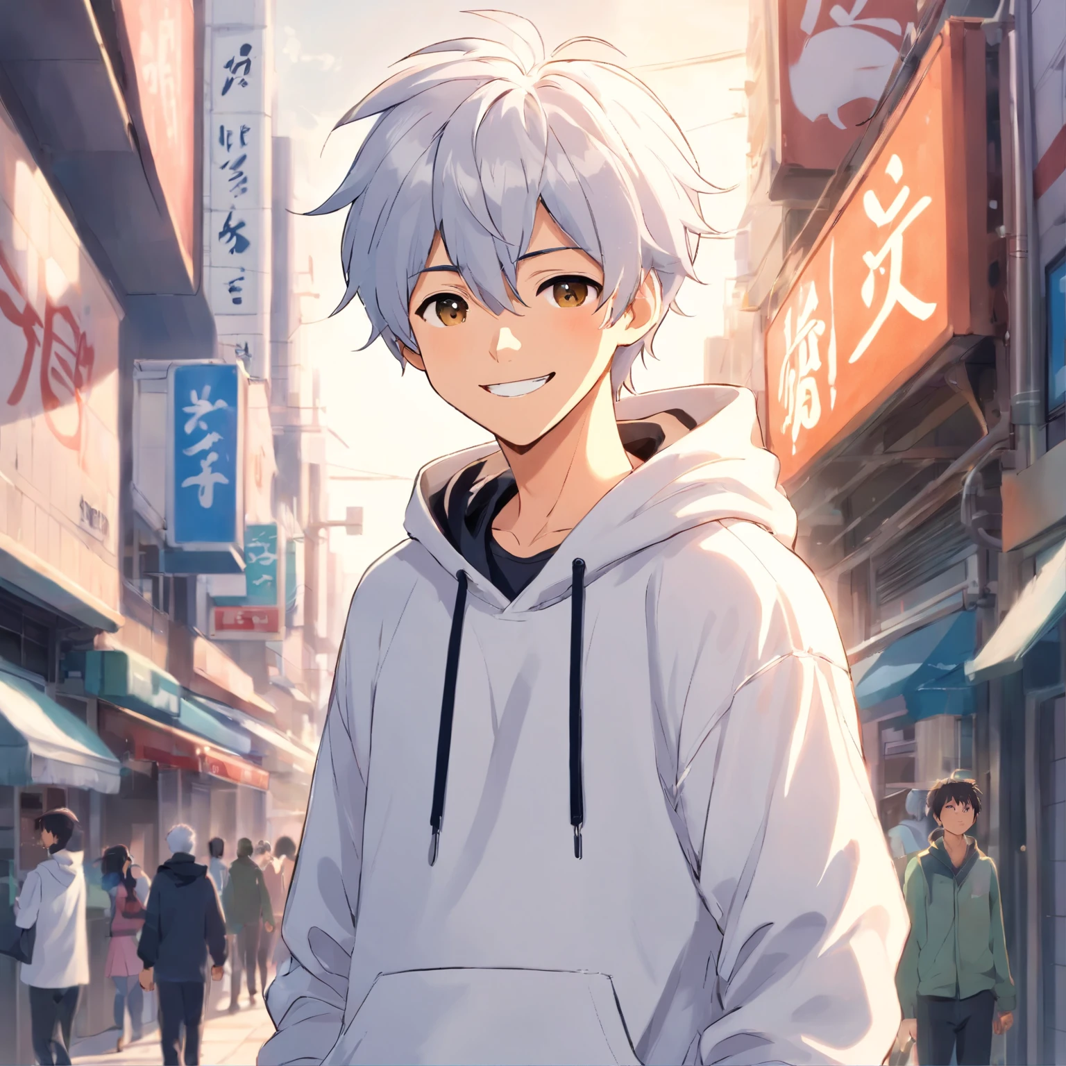 (young man with white silvery hair:1.2, white hoodie, black pants, big smile)