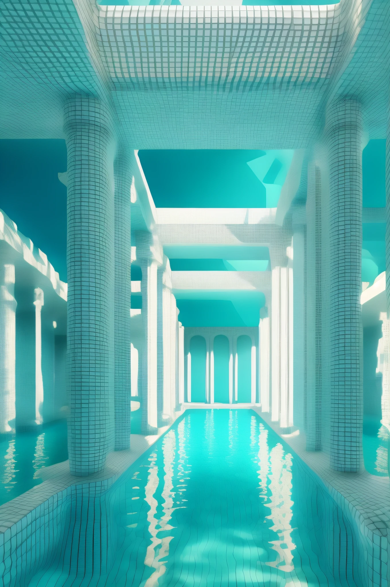 There is a pool with blue water and white walls, Pool Caustics, Inspired by Ricardo Bofill, Pool in a huge palace, pool of water, cool 3d visualisation, 3D Architecture, inspired by Shigeru Aoki, Water Temple, surreal 3 d render, Surreal water art, swimming pools, archviz, Vray Tracing