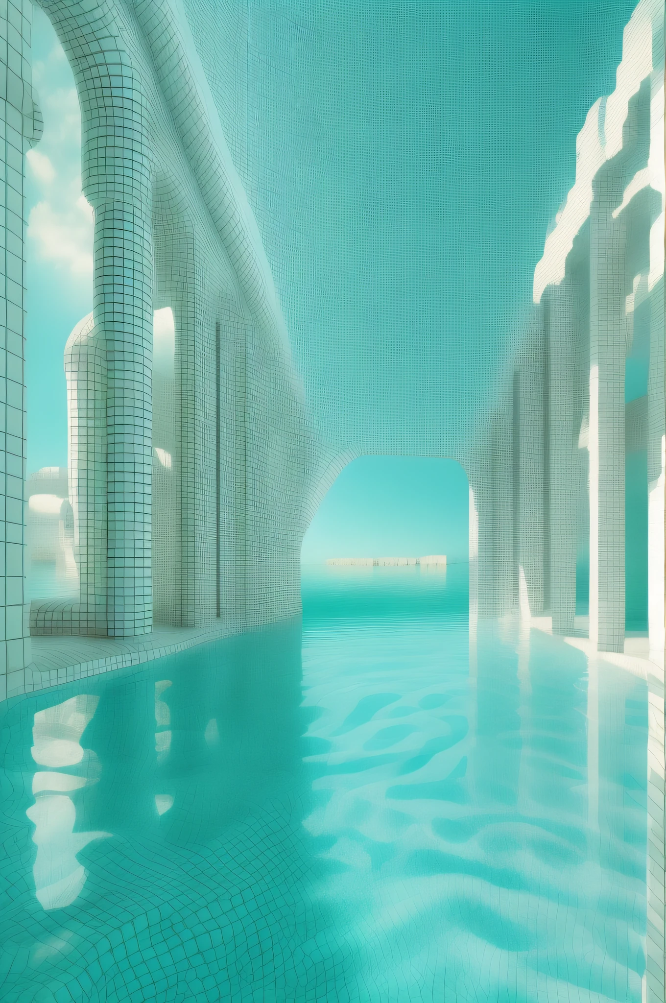 There is a pool with blue water and white walls, Pool Caustics, Inspired by Ricardo Bofill, Huge palace pool, pool of water, cool 3d visualisation, 3D Architecture, inspired by Shigeru Aoki, Water Temple, surreal 3 d render, Surreal water art, swimming pools, archviz, Vray Tracing