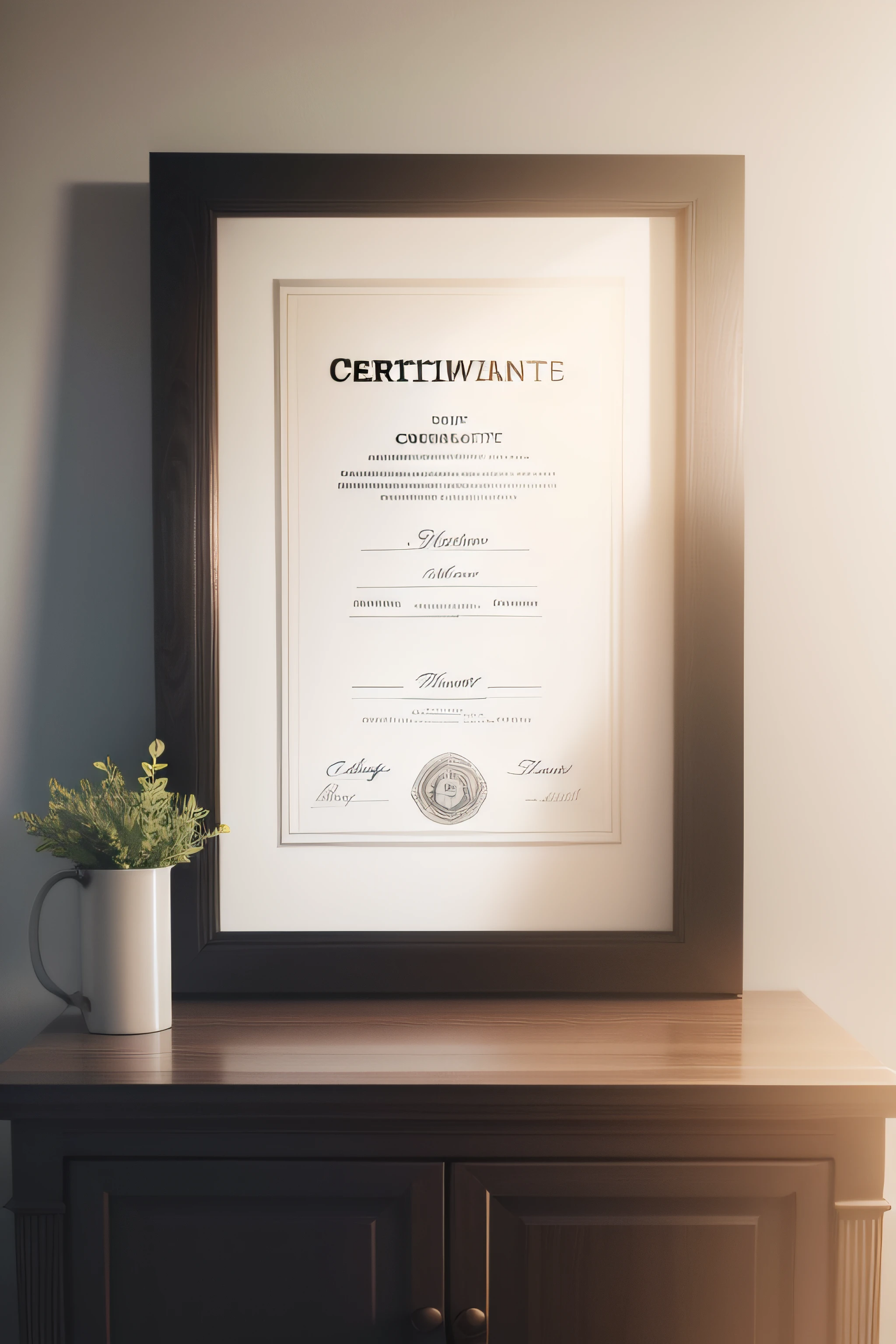 the ultra realistic photo of a certificate template framed on a wall