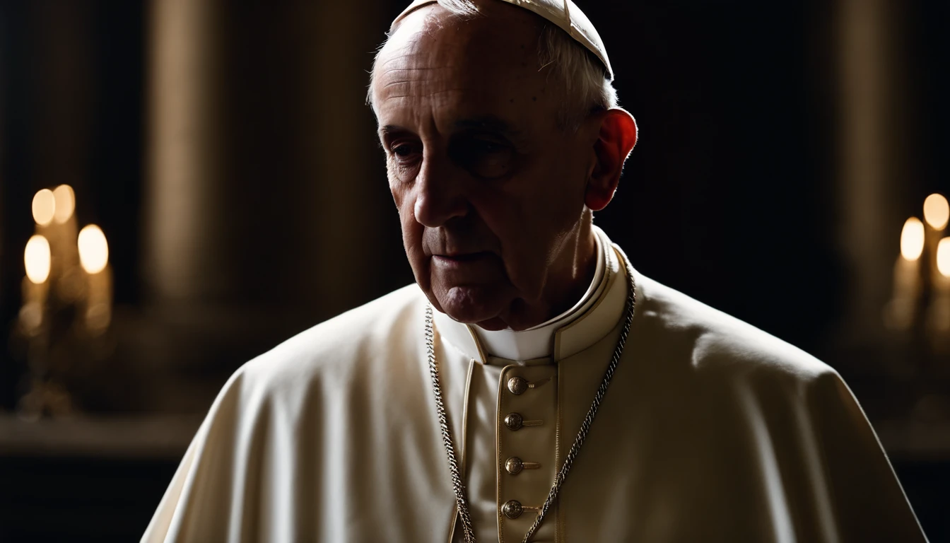 Long range photo of Pope Francis as buddha, orange robe, film still, very high quality RAW photography, detailed background, intricate, exquisite details and textures, highly detailed, ultra detailed photography, warm lighting, art station, 4k, sharp focus, high resolution, detailed skin, detailed eyes, 8k uhd, dslr, high quality, film grain, Fujifilm XT3,