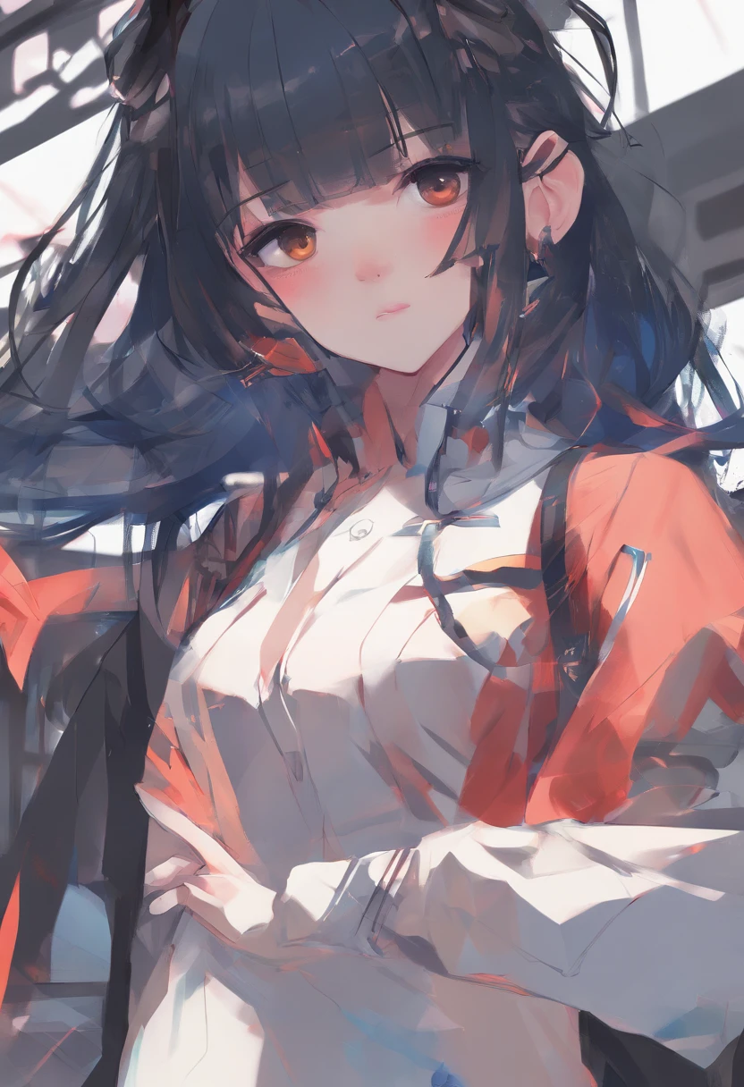 a pencil drawing and digital painting of a anime girl with streaked hair, dark blue hair, hair between eyes, hair over shoulder, anchor choker, gradient_eyes, smirk, wearing, Japanese school girl uniform, sitting in the restaurant, looking outside the window, , by, wlop, cinematic lighting, vivid, vibrant, hyper-detailed and intricate, sharp focus, masterpiece, award winning style, perfection, ornate, digital painting, digital illustration, extreme detail, digital art, 4k, ultra hd, anime character, detailed, anime face, character design, wlop, artgerm, kuvshinov, character design, rendered in blender