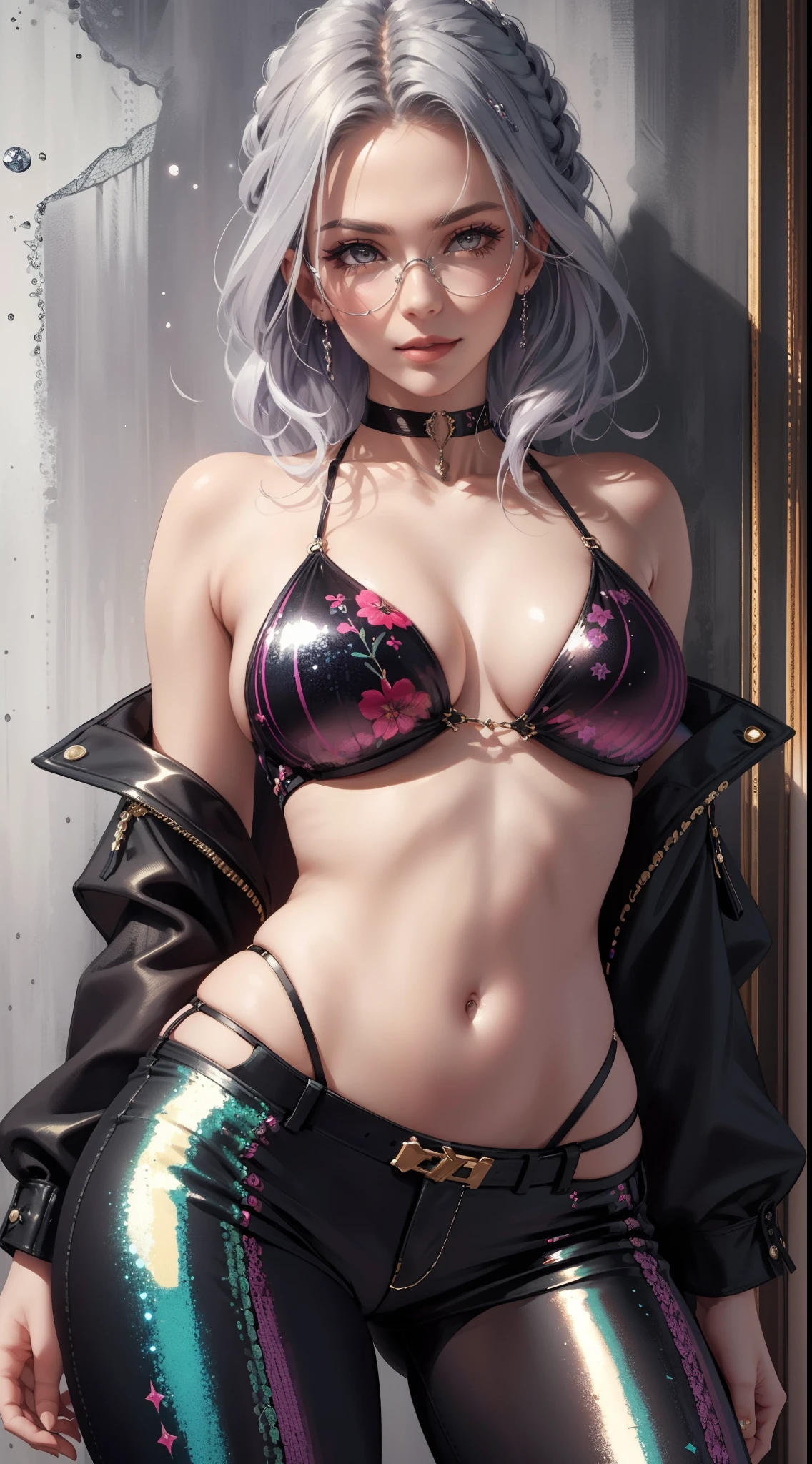 ((best quality, masterpiece)), detailed, realistic, 1woman, cool, fancy sleeveless floral print sexy sequin bikini top, stylish pants, choker, long stylish platinum silver hair, dark shades, smug smile