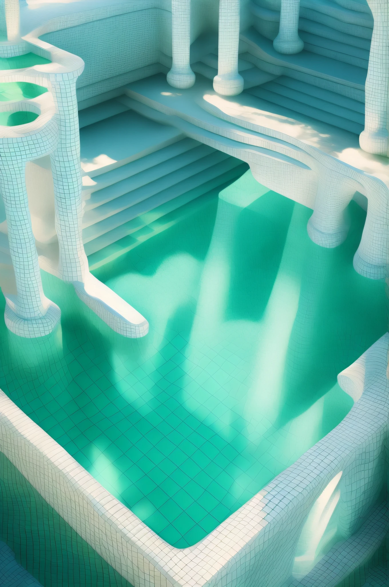 There is a pool with blue water and white walls, Pool Caustics, Inspired by Ricardo Bofill, Huge palace pool, pool of water, cool 3d visualisation, 3D Architecture, inspired by Shigeru Aoki, Water Temple, surreal 3 d render, Surreal water art, swimming pools, archviz, Vray Tracing