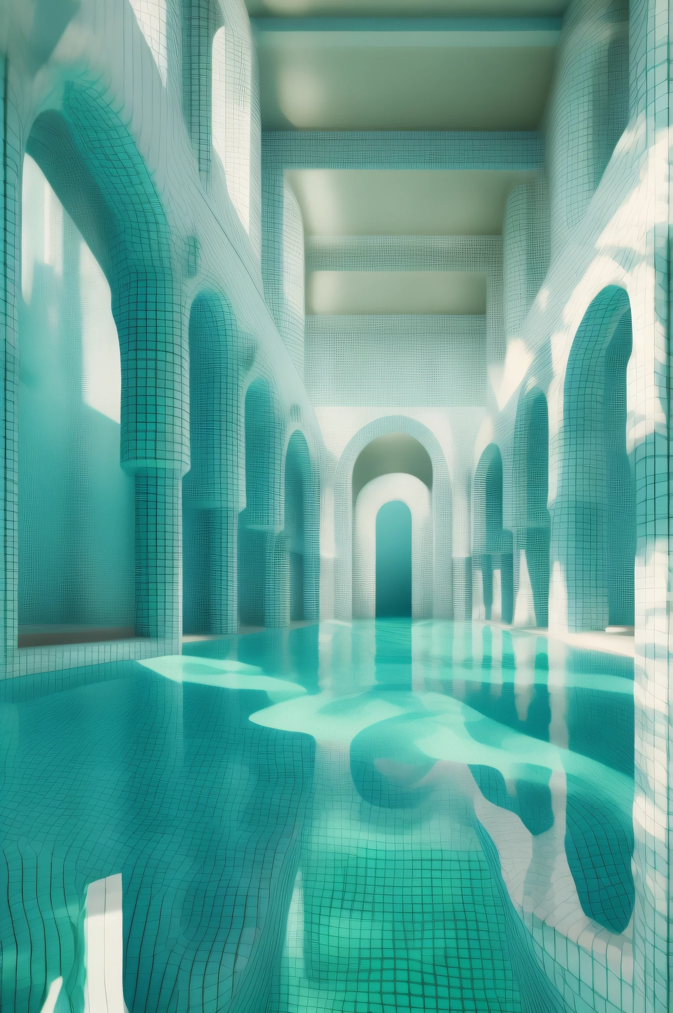 There is a pool with blue water and white walls, Pool Caustics, Inspired by Ricardo Bofill, Huge palace pool, pool of water, cool 3d visualisation, 3D Architecture, inspired by Shigeru Aoki, Water Temple, surreal 3 d render, Surreal water art, swimming pools, archviz, Vray Tracing