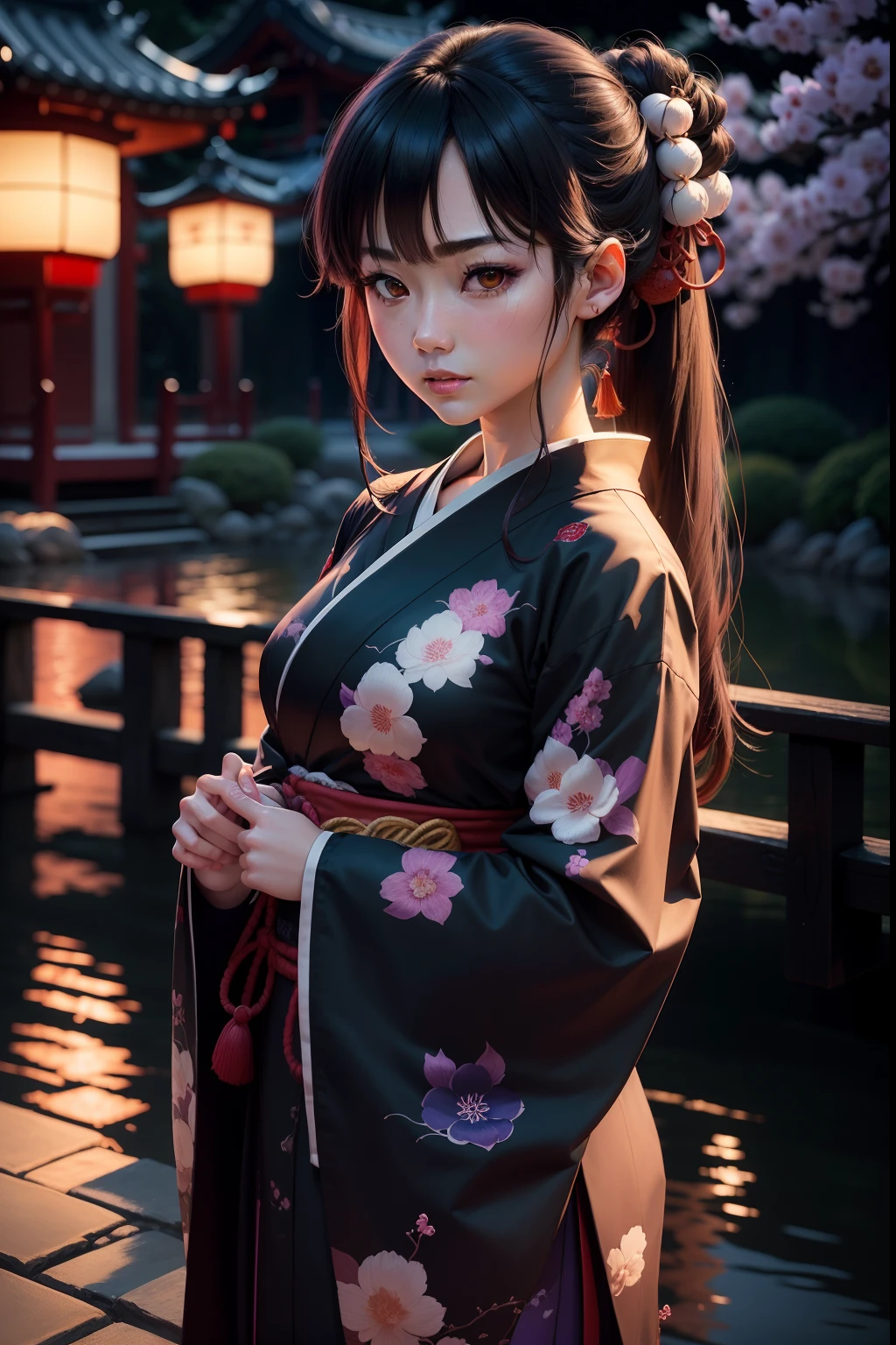 Tsugumi Shibata character from the anime Jigoku Shoujo (best quality,4k,8k,highres,masterpiece:1.2),ultra-detailed,(realistic,photorealistic,photo-realistic:1.37), Vengeful Tsugumi Shibata with beautiful detailed eyes and lips, fiery gaze, flowing long black hair tied in a high ponytail, wearing a traditional kimono with intricate floral patterns, standing on a moonlit bridge in a Japanese garden. The garden is filled with cherry blossom trees in full bloom, their delicate petals gently falling around her. The moon casts a soft, ethereal light over the scene, creating a serene yet haunting atmosphere. Tsugumi's fair complexion is contrasted by her blood-red lips, symbolizing her fiery resolve and vengeful spirit. In the background, a silhouette of the Jigoku Shoujo's straw doll holding a string, hinting at the dark powers she possesses. The art style is a combination of anime and traditional Japanese painting, blending vibrant colors and bold brushstrokes with intricate details. The color palette leans towards cool tones, with hints of purples and blues, creating a mysterious and otherworldly feel. The lighting is dramatic, with the moonlight casting long shadows and illuminating Tsugumi's features with a soft glow. The overall image aims to capture the intensity and complexity of Tsugumi's character, as well as the beauty and tranquility of a traditional Japanese garden at night.