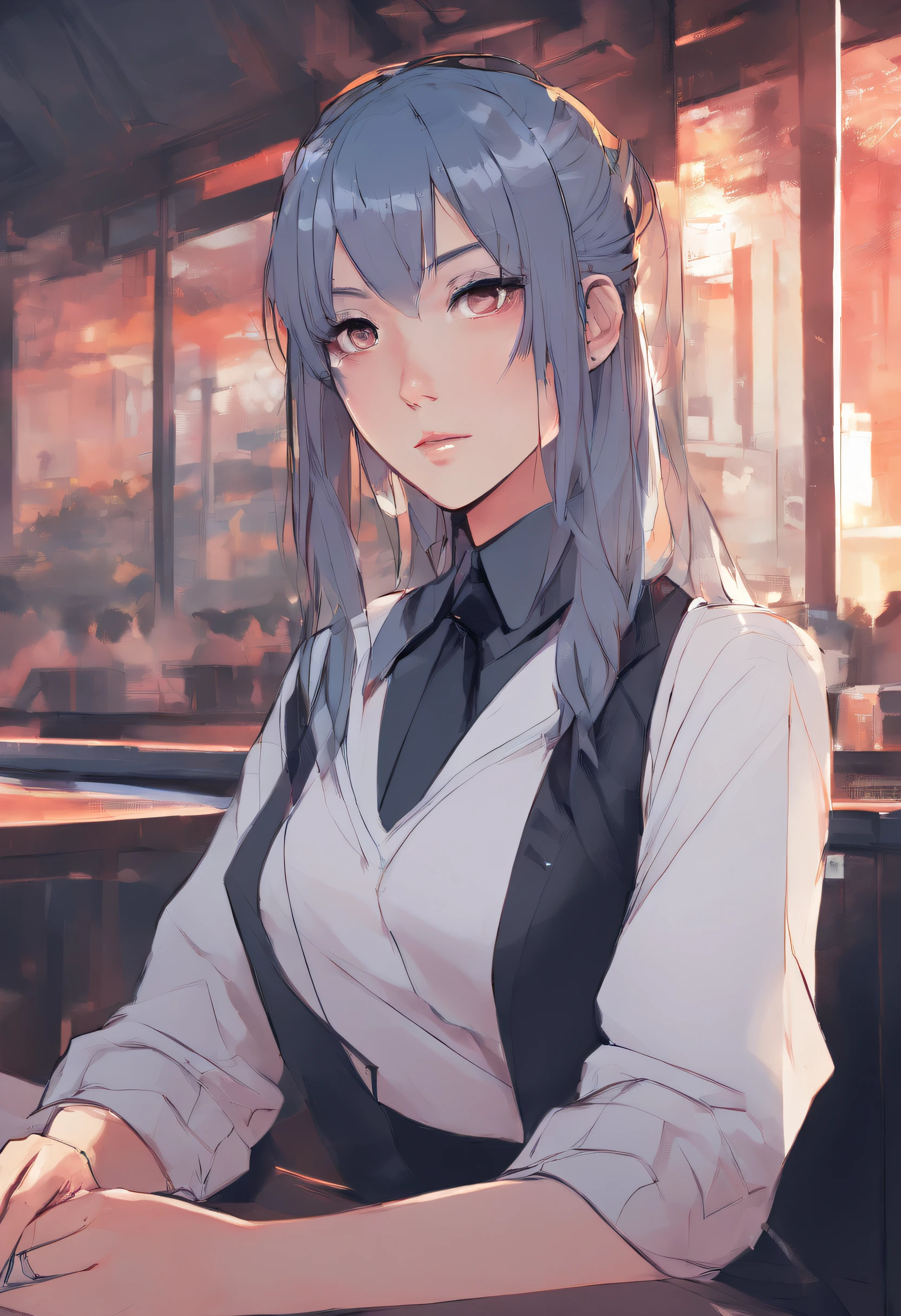 a pencil drawing and digital painting of a anime girl with streaked hair, dark blue hair, hair between eyes, hair over shoulder, anchor choker, gradient_eyes, smirk, wearing, Japanese school girl uniform, sitting in the restaurant, looking outside the window, , by, wlop, cinematic lighting, vivid, vibrant, hyper-detailed and intricate, sharp focus, masterpiece, award winning style, perfection, ornate, digital painting, digital illustration, extreme detail, digital art, 4k, ultra hd, anime character, detailed, anime face, character design, wlop, artgerm, kuvshinov, character design, rendered in blender