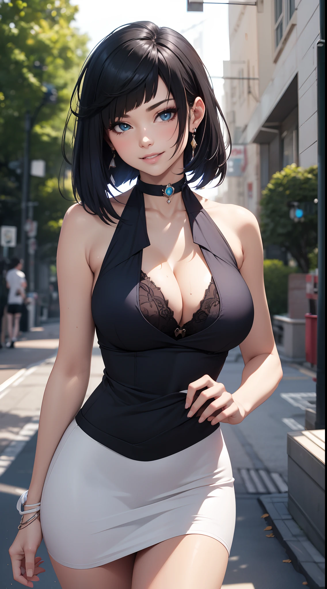 ((Best quality)), ((masterpiece)), realistic, beautiful, sexy, young girl, bob black hair, choker, cleavage, big breasts, professional makeup, cool, wearing a sexy cute pink modern sleeveless halterneck dress, sunny day, tyndall effect, god ray, outdoor, bright, subtle smile,