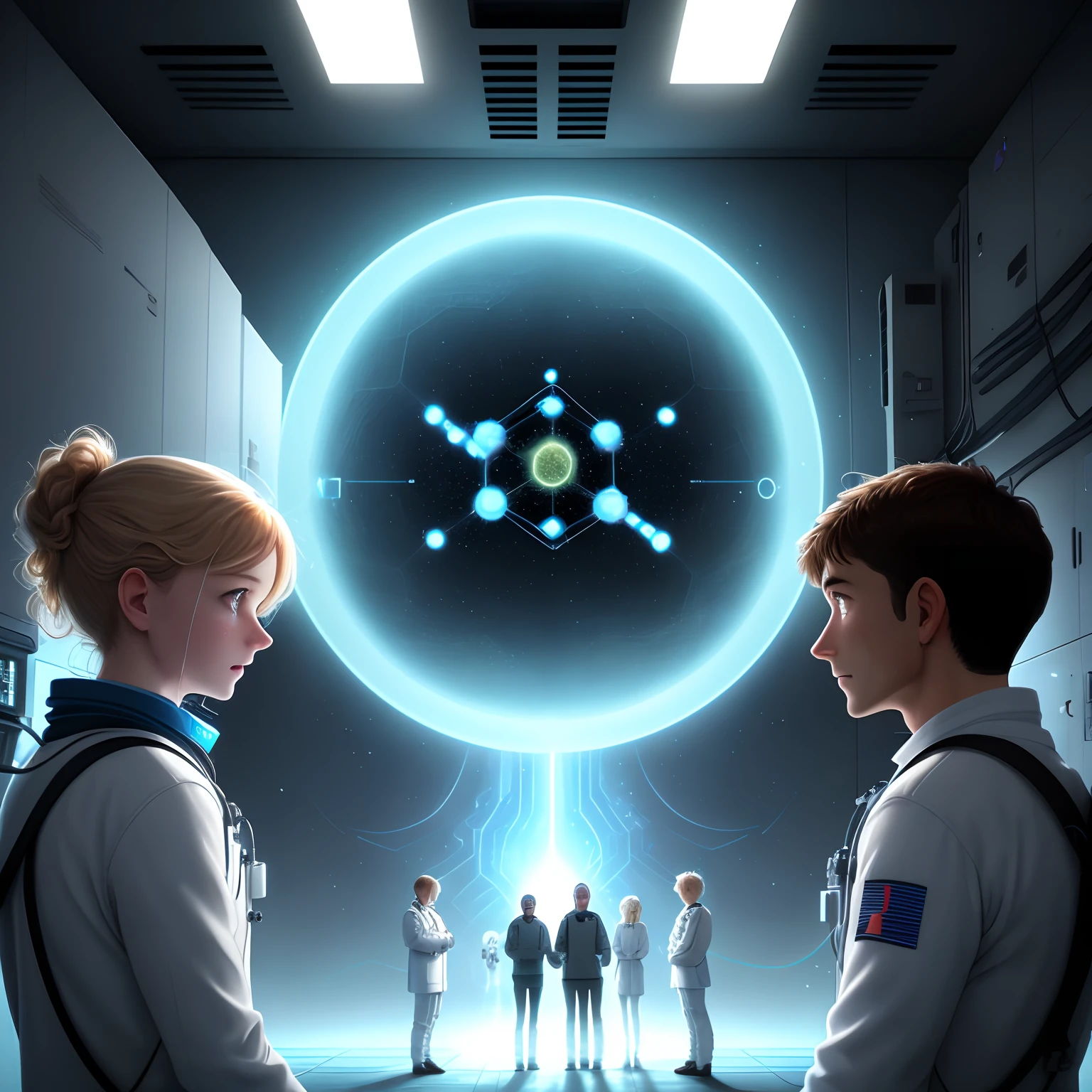 Crie uma imagem que retrate o momento em que o Dr. Jonathan Collins and his team stand before the newly activated quantum portal, com a luz intensa emanando do dispositivo, as they prepare to embark on their interdimensional journey into an unknown world full of possibilities and mysteries. Be sure to capture the expression of anticipation and anxiety on their faces, as well as the high-tech atmosphere of the laboratory.