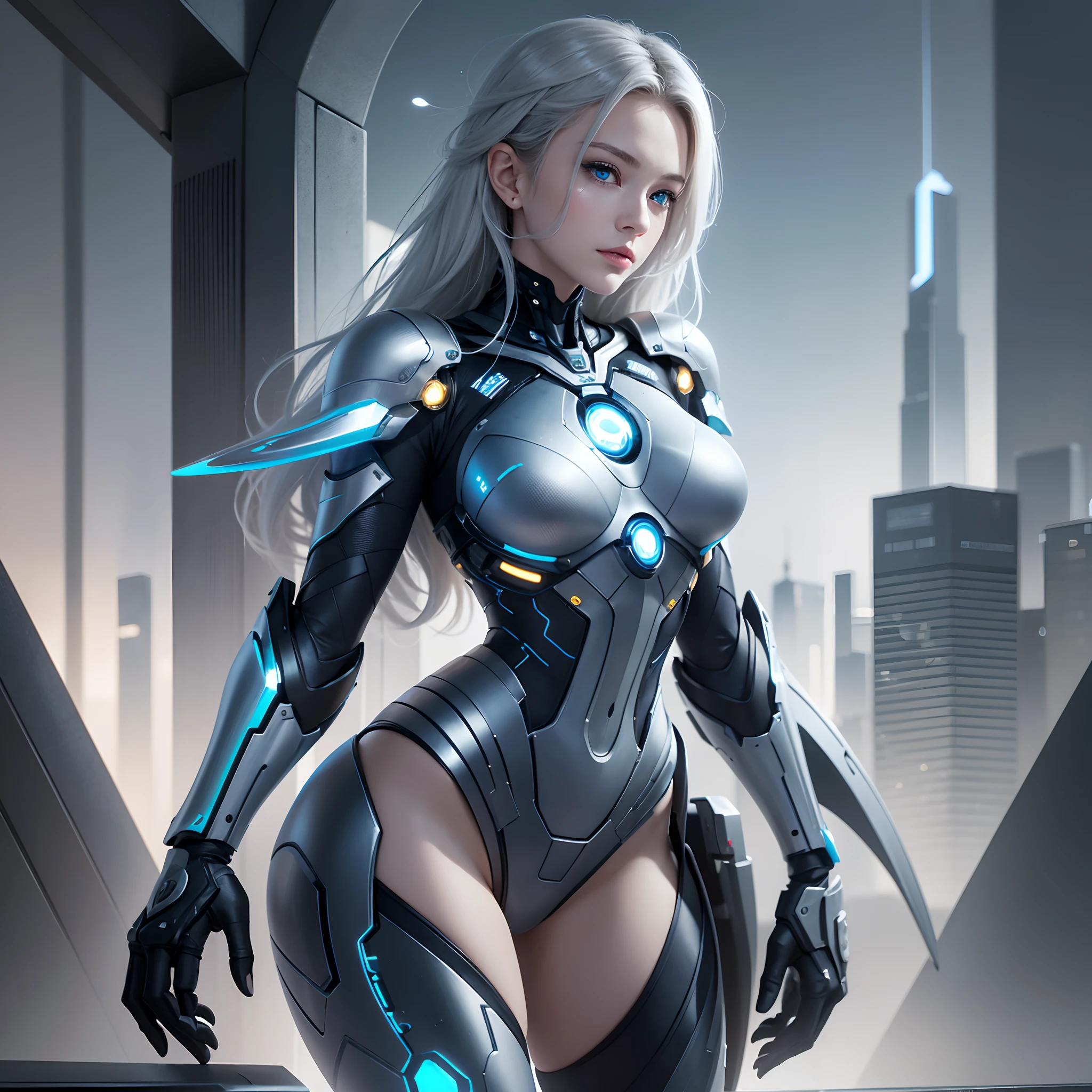 Create an ultra-realistic image depicting a young cyborg holding the Apple symbol. The cyborg must possess stunning blue eyes, robotic arms and legs, and a beautiful, defined body. The Apple symbol should be represented in a metallic blue. The cyborg's face should convey serenity. Create a background with a futuristic aesthetic that complements the composition. The image should capture the harmonious fusion between technology and beauty, evoking a sense of innovation and elegance.