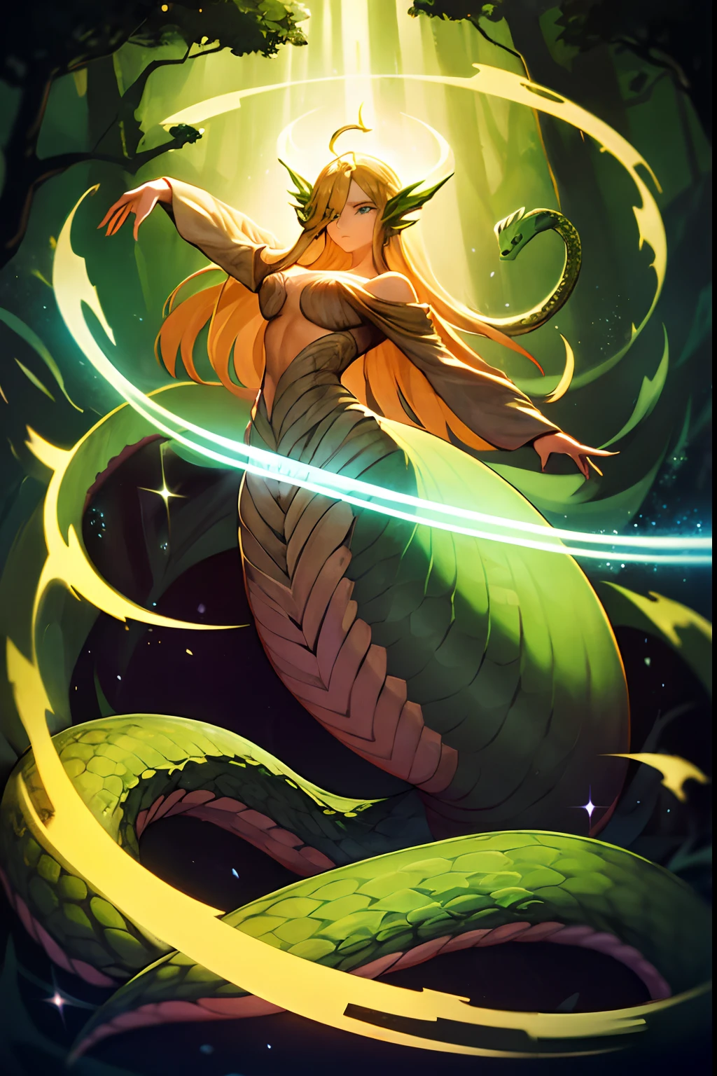 (lamia), full body shot, 1girl, monster girl, reptile tail, snake body from waist down, human face, hyper realistic face, forked tongue, long tongue, small fangs, open mouth, (colorful shiny snake scales), (shiny red, and (golden) gradient scales tail), (reptilian eyes), in beautiful enchanted magical (forest), red (glowing plant) and fungus, ((red thin trees with yellow and orange leaves)), sunrise, greenish atmosphere, orange sun, alien flora, amazing lighting effects, yellowish light ray, crystalline dew, ((astonishingly seductive lamia)), amazing face and eyes, soft and delicate looking, (red long hair), (crystalline green eyes), good hands, perfect anatomy, masterpiece, best quality, large breasts INFO