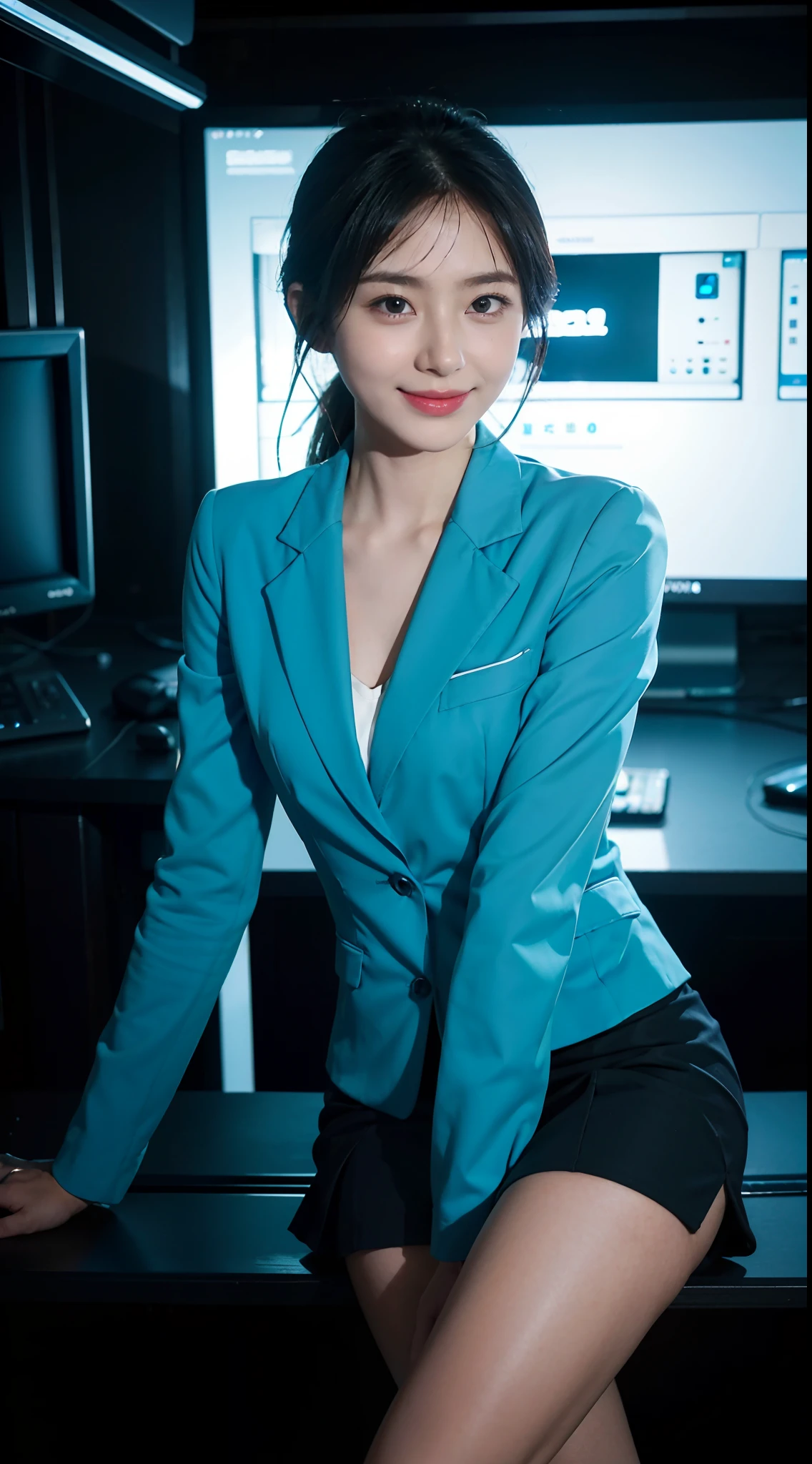 8K,masterpiece,best quality,TV programs, news programs, presenters in the host broadcast news, broadcast halls, sitting upright on the chair behind the table,The table is in front of the girl,There are instruments and equipment on site, large screen,microphone on the table,A girl,Extremely detailed facial details,shoulder length black straight short hair, Wearing earphone in one ear,smile,happy,sky blue blazer and skirt set,shirt,small breasts,slim, thin,Black stockings, high heels,close shot,Broadcasting in progress,Holding the manuscript in hand,cowboy shot,Directly facing the camera,front front,upper body