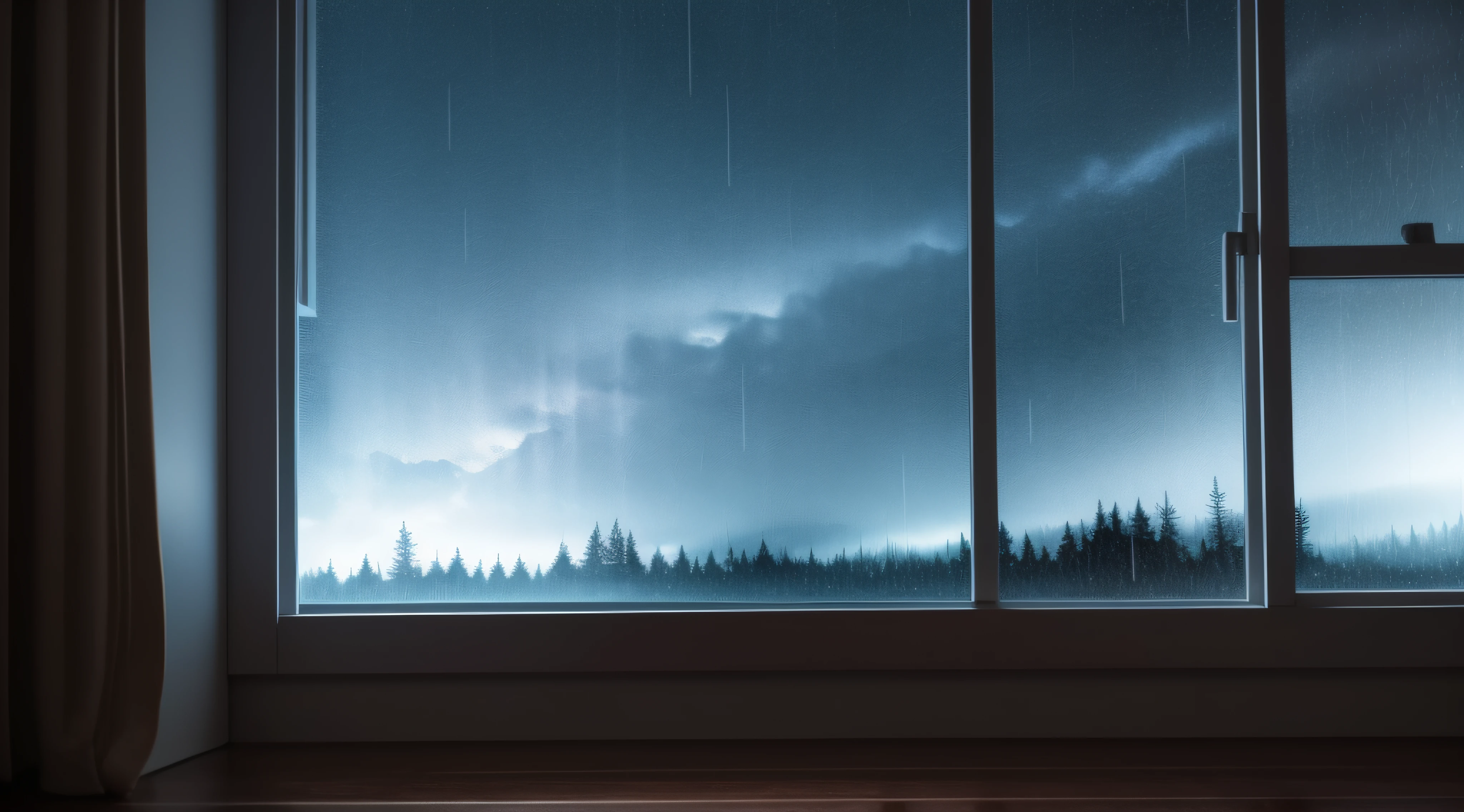 inside a dark room at night, It's raining outside the window