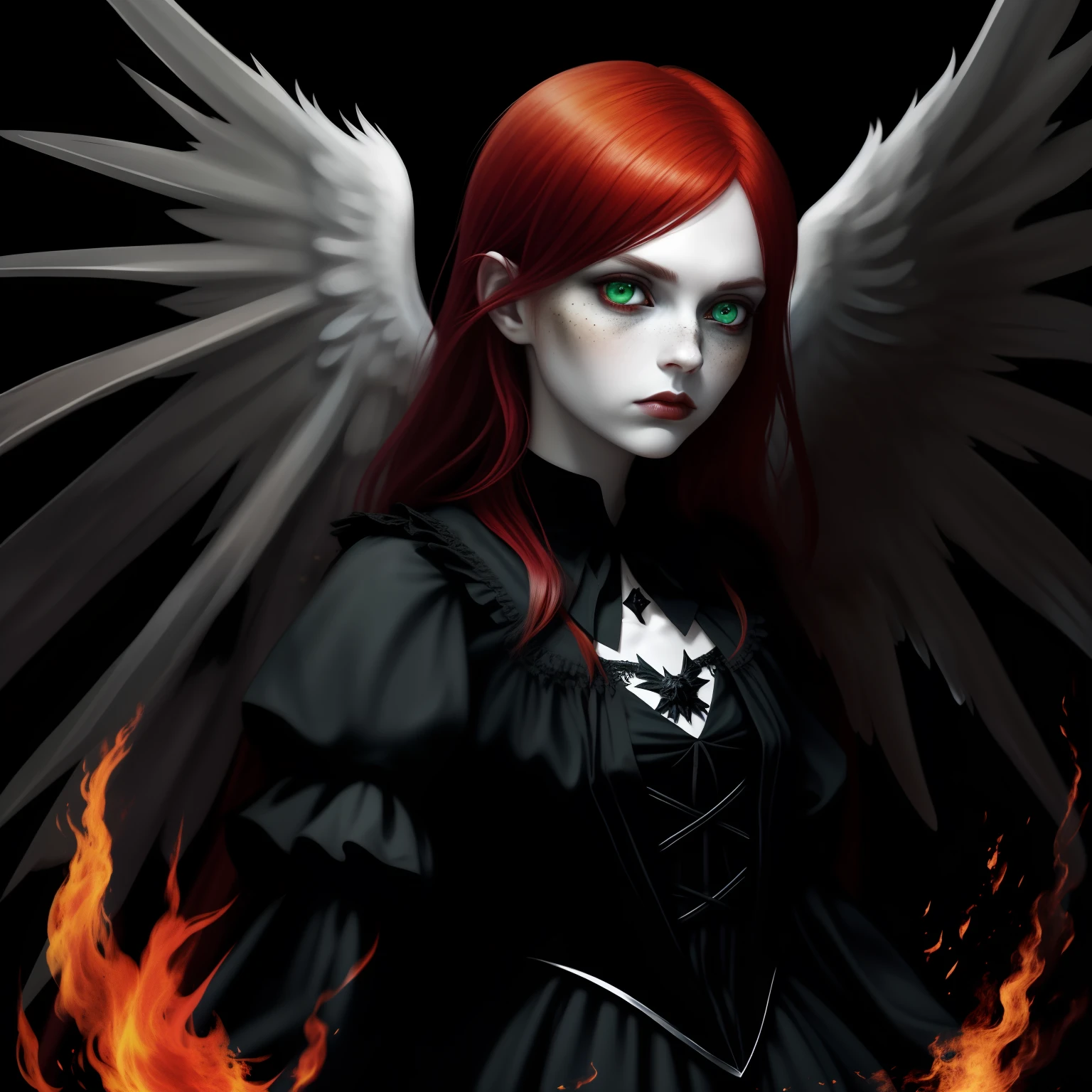 Maid knight, maid, knight, gothic fashion, gothic, dark clothes, female, fire angel, fire, angel, demon, red, red hair, pale skin, pale, green eyes, freckles, phoenix wings, fire wings, angel fire wings, angel wings, wings, one character, one face, one person, only one individual, only one character, only one person, only one face.