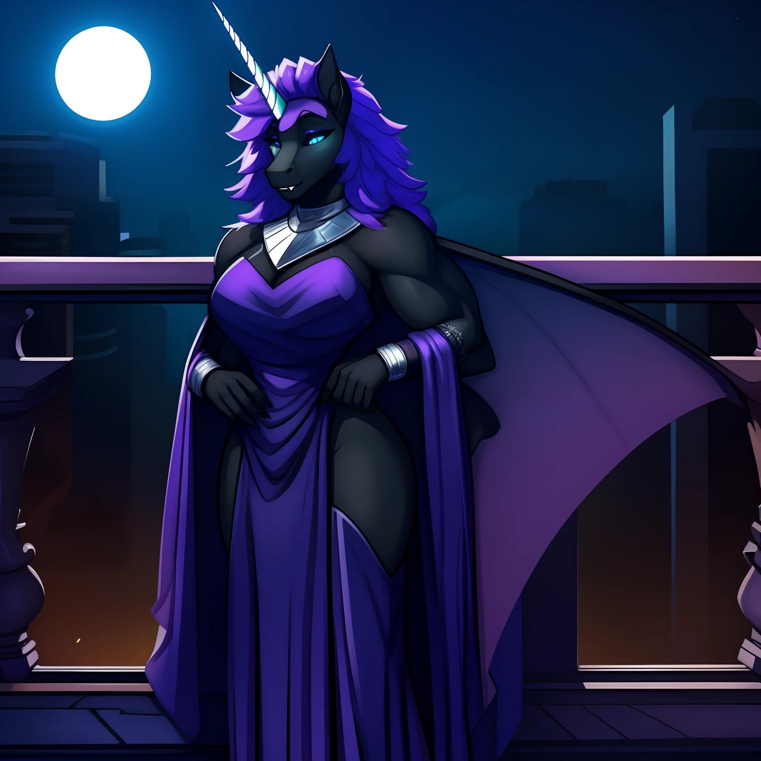 Tall_lithe_muscular_mature_unicorn female dark_purple_mane wavy_mane black_furry_body teal_eyes slit_pupils majestic solo Masterpiece best_quality absurdres highly_detailed gown_with_silver_trim silver_circlet silver_gorget silver_bracers cleanly_drawn_eyes fangs bat_wings purple_eyeshadow horse_snout anthro_only dark_poorly_light_gothic_balcony moon by_claweddrip, by_greasymojo, by_underscore-b, by_runawaystride