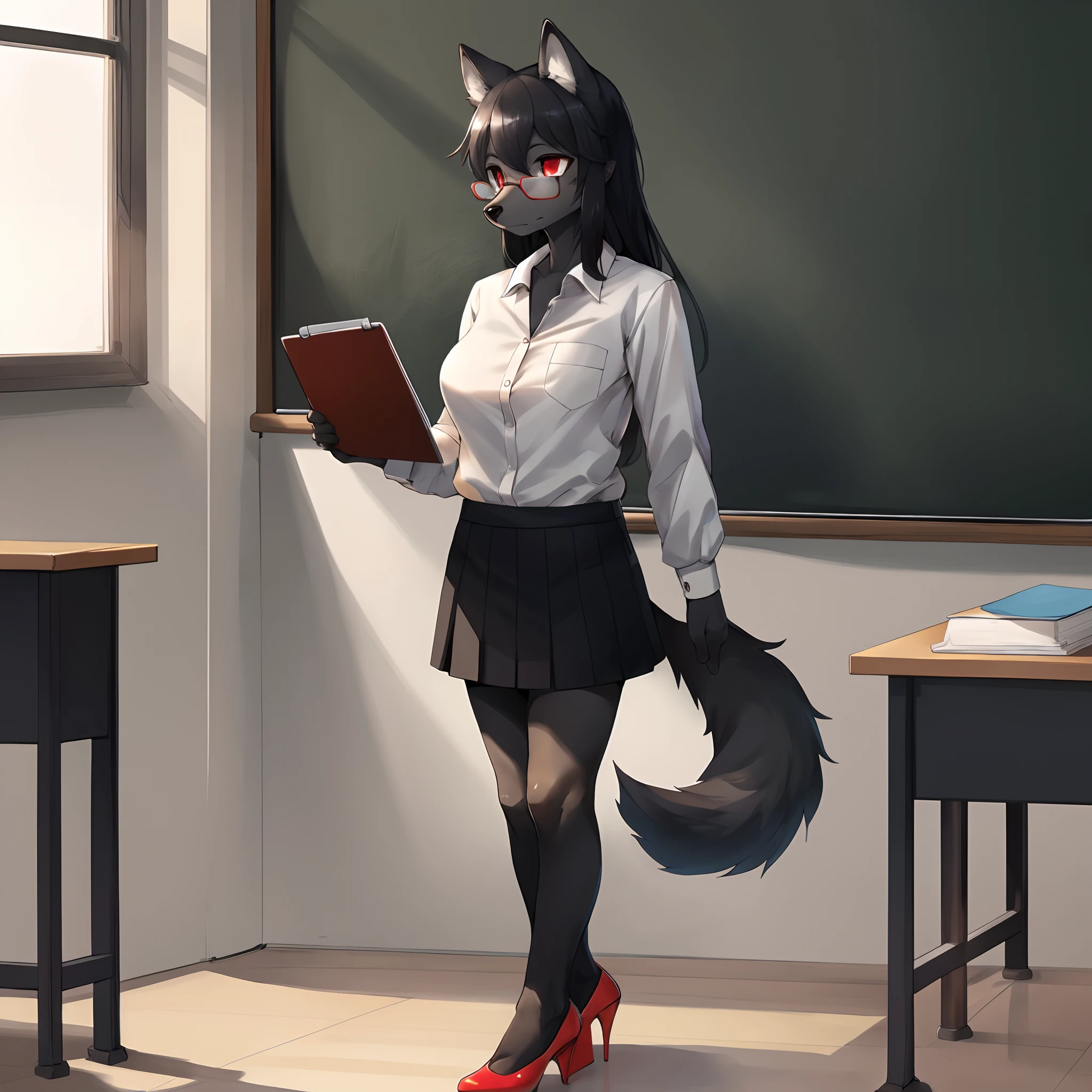 By sleepiness18, by gudlmok99, solo, one girl, a black anthro furry wolf girl, female, all_black_body:1.2, black nose, (cute_snout), black wolf tail, long black hair, solid red eyes, highly detailed, busty, white button up shirt, black skirt, red heels, clear glasses, serious_face, standing in a classroom, holding a clipboard