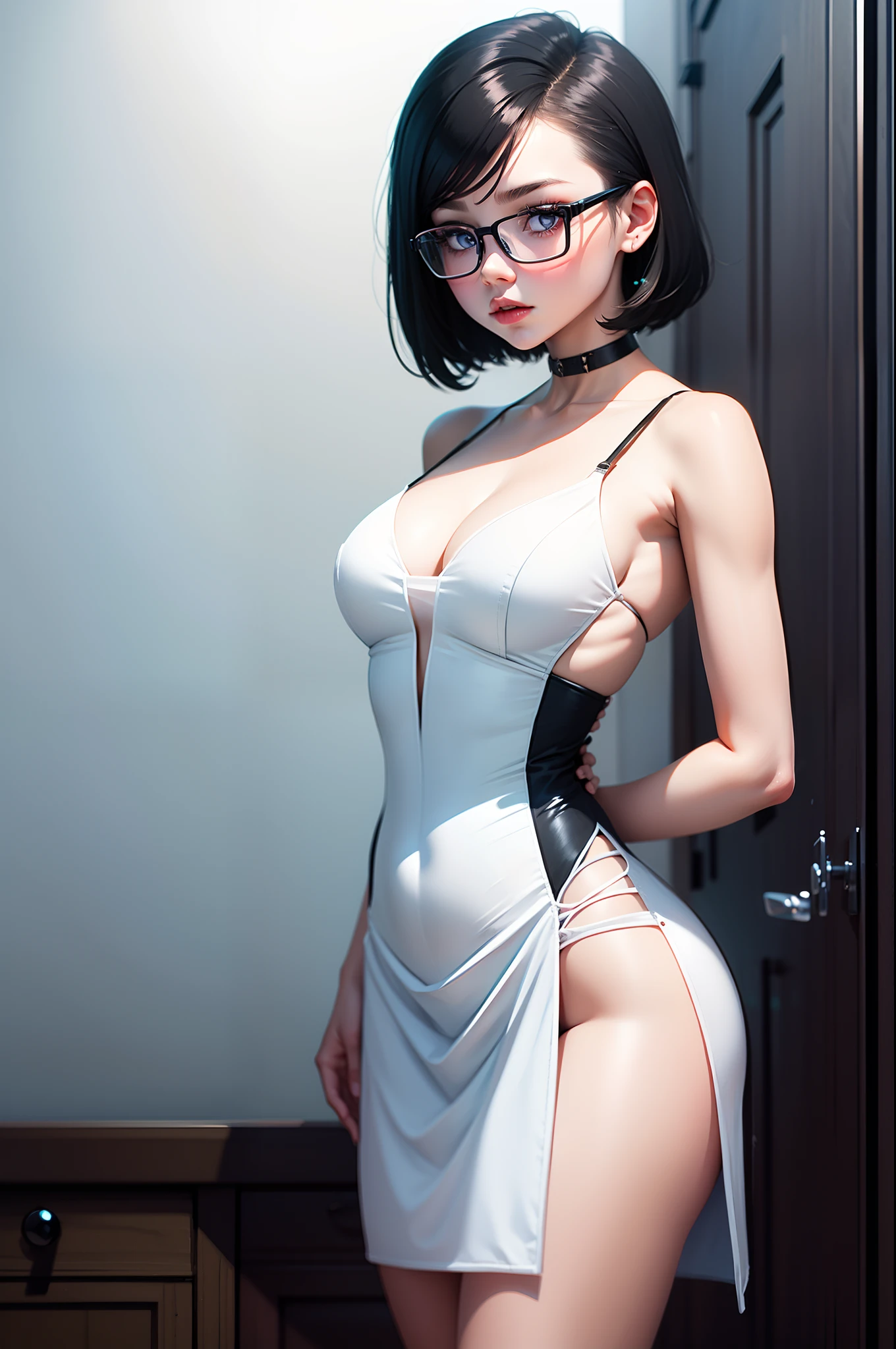 A girl with short black hair, gray eyes, square baby blue glasses, and with white dress.