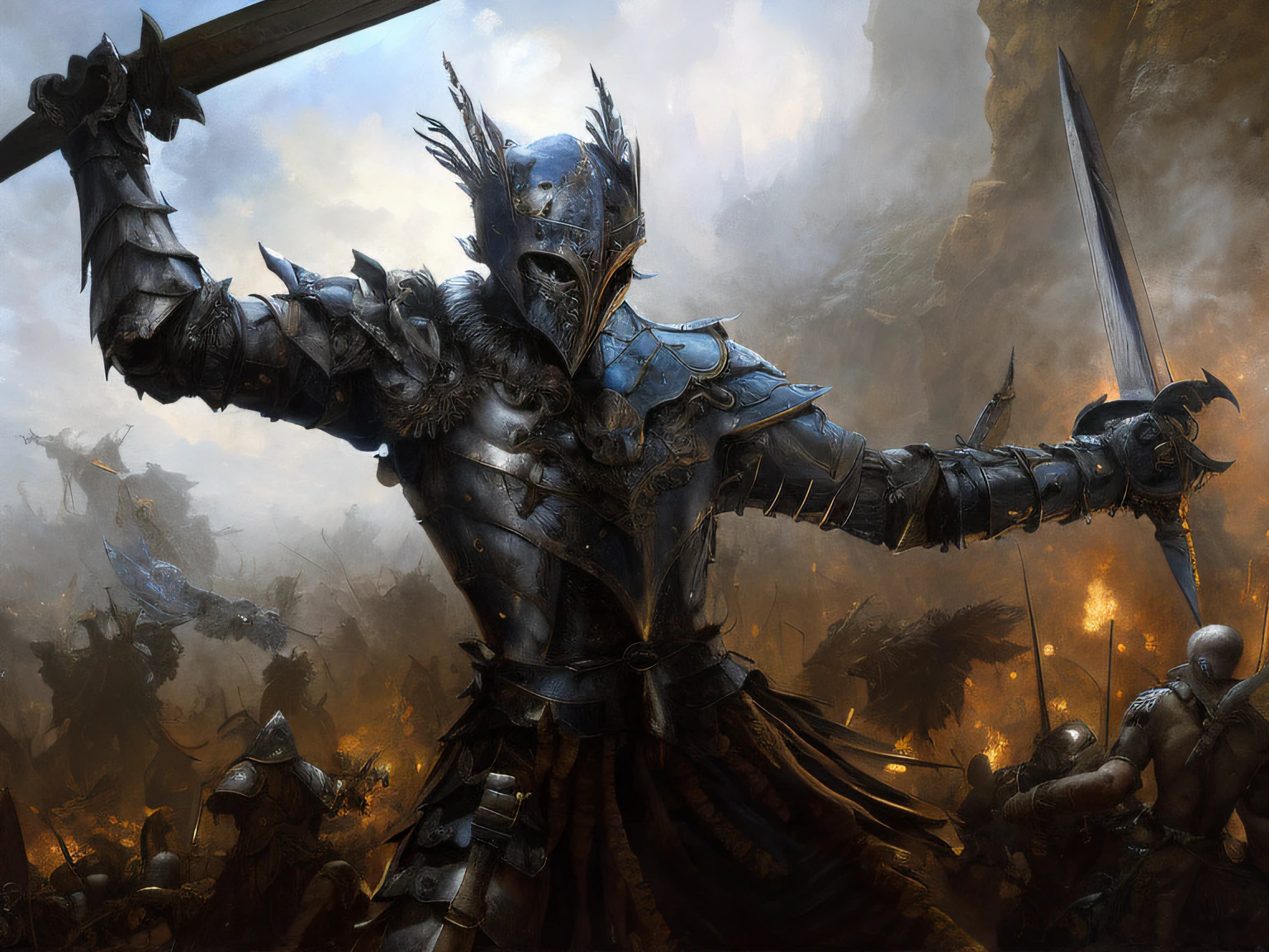 There is a man in armor holding a sword in his hand, arte do jogo de fantasia medieval, guerreiro blindado, guerreiro blindado, Epic Fantasy Digital Art Style, epic fantasy character art, epic fantasy card game art, cinematic fantasy painting, epic fantasy game art, epic fantasy art, fantasy epic digital art, cavaleiro morto-vivo, epic fantasy painting, Berserk Skullknight Armadura Negra, victory