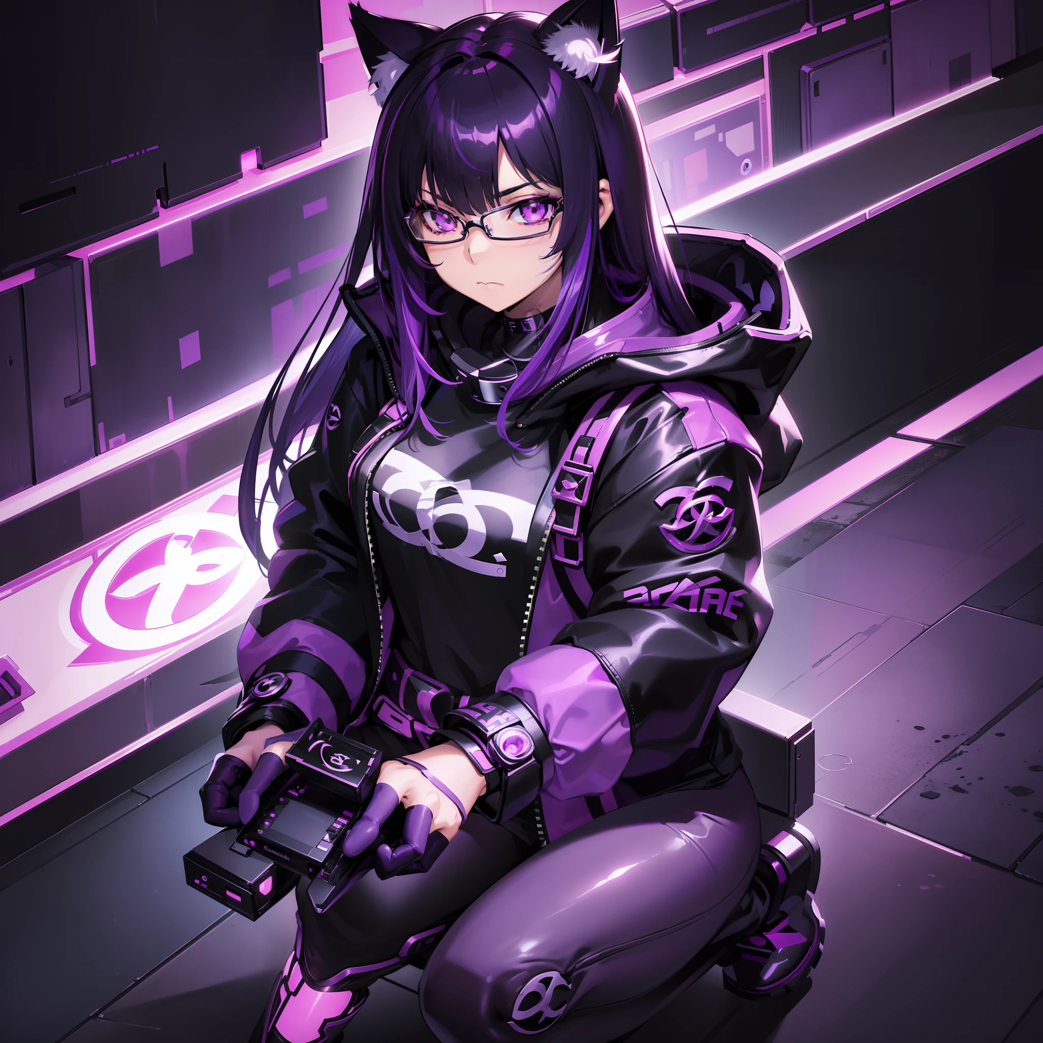 (purple-haired, gaming, cyberpunk:1.1) girl with glasses and cat ears, (medium-length, black, Chanel-inspired:1.1) hair with purple tips, (shining, vibrant, glowing purple:1.2) eyes