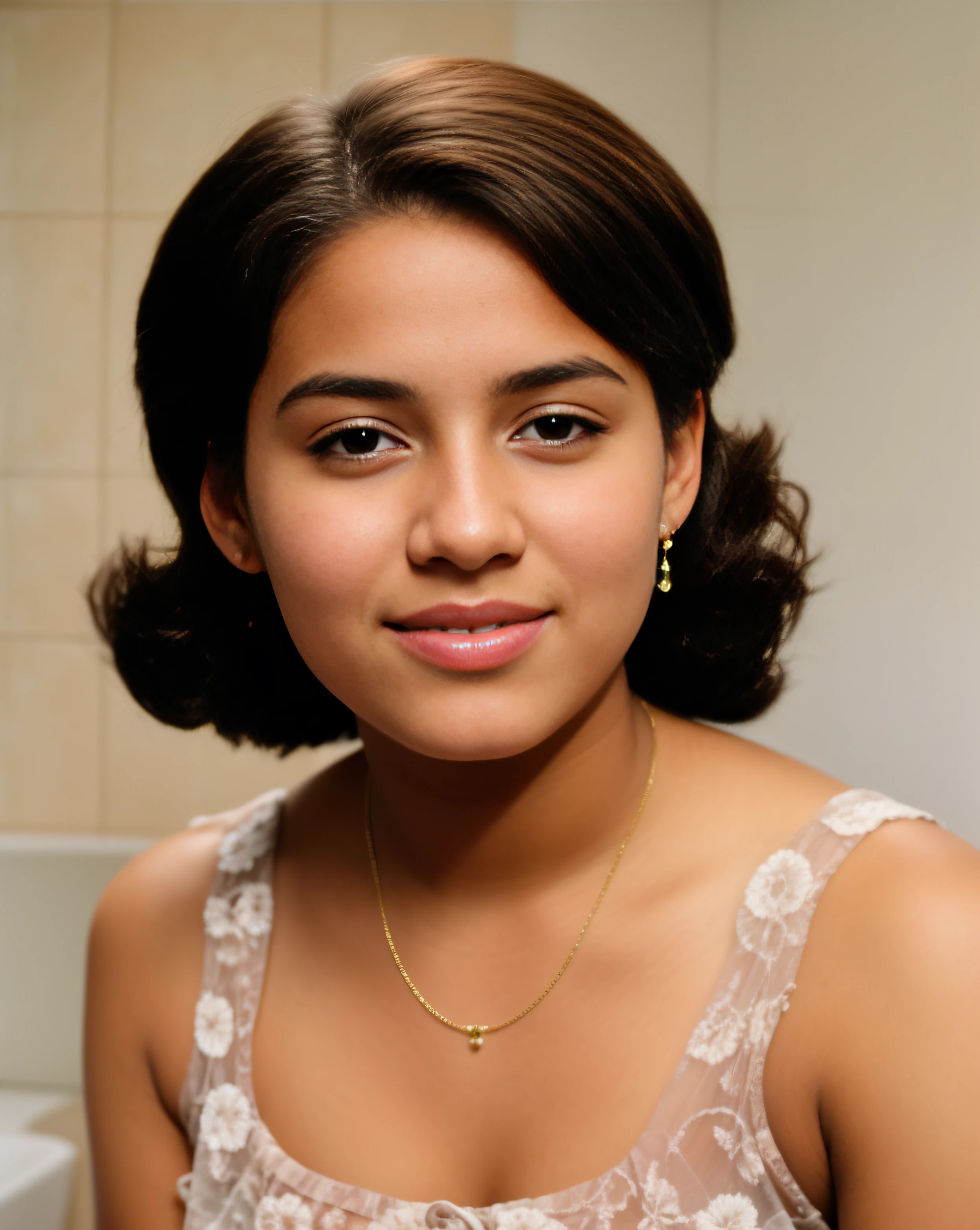 there is a woman that is posing for a picture in a bathroom, 13 anos, foto da mulher jovem, foto 1960, taken in the early 2020s, foto de uma mulher negra, em torno de 1 9 anos, color studio portrait, foto do perfil, 2 5 anos, Tiro de glamour, na casa dos 20 anos