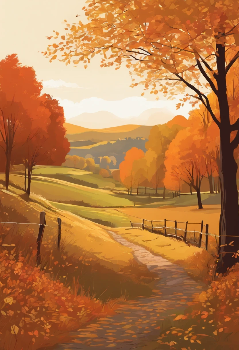 best quality, a stunning lineart artwork of autumn on the countryside, intricately detailed, (best shadow)