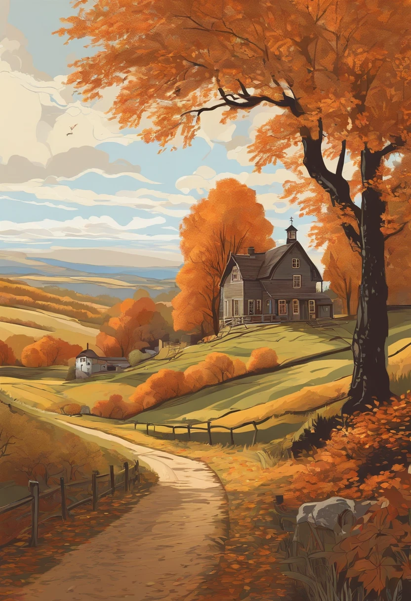 best quality, a stunning lineart artwork of autumn on the countryside, intricately detailed, (best shadow)