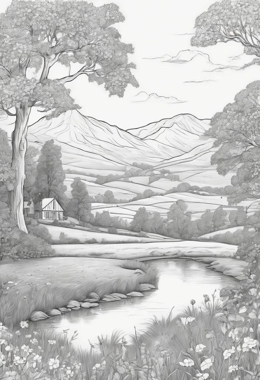 best quality,coloring page, a stunning lineart artwork of on the countryside, intricately detailed, (best shadow)