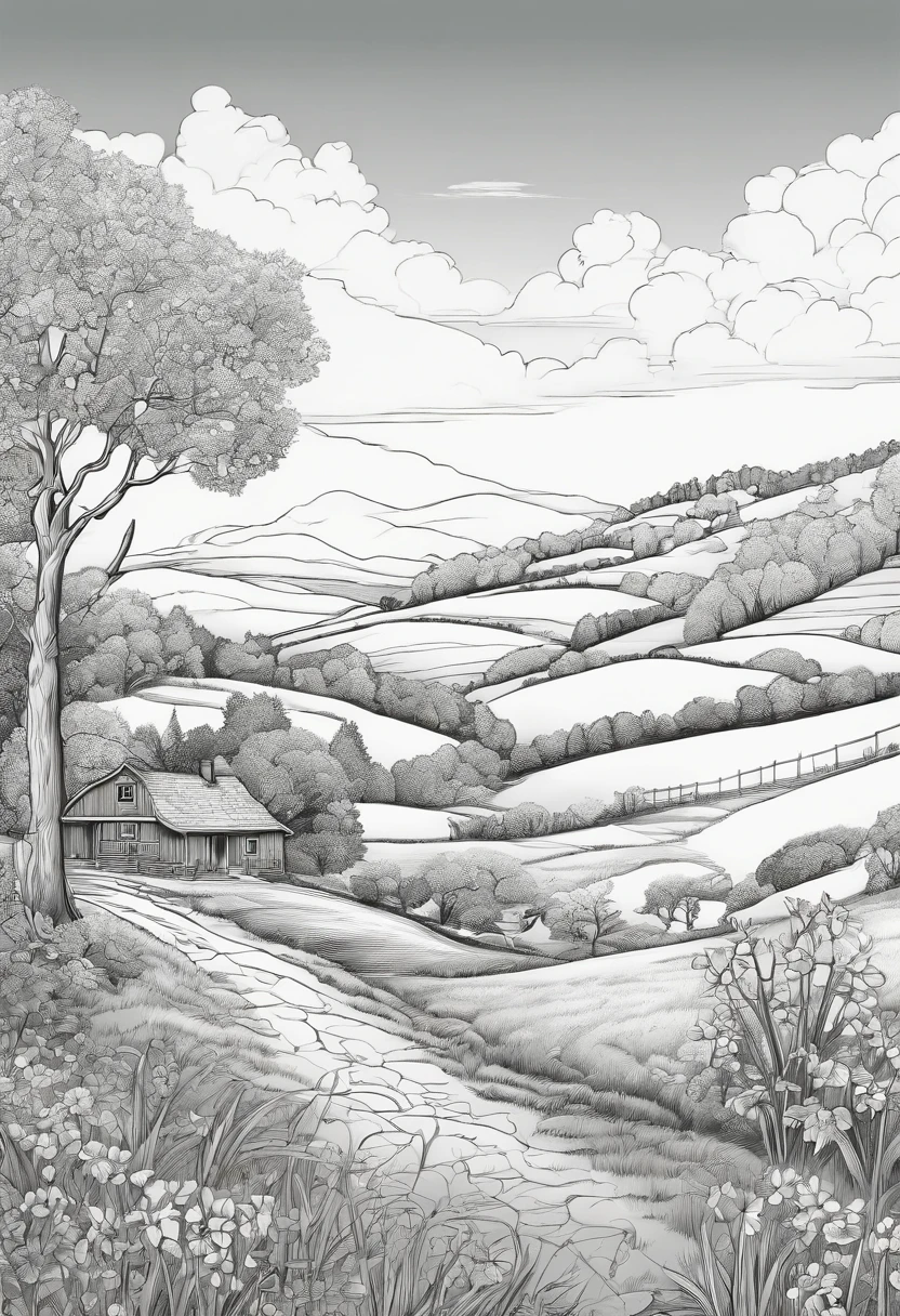 best quality,coloring page, a stunning lineart artwork of on the countryside, intricately detailed, (best shadow)