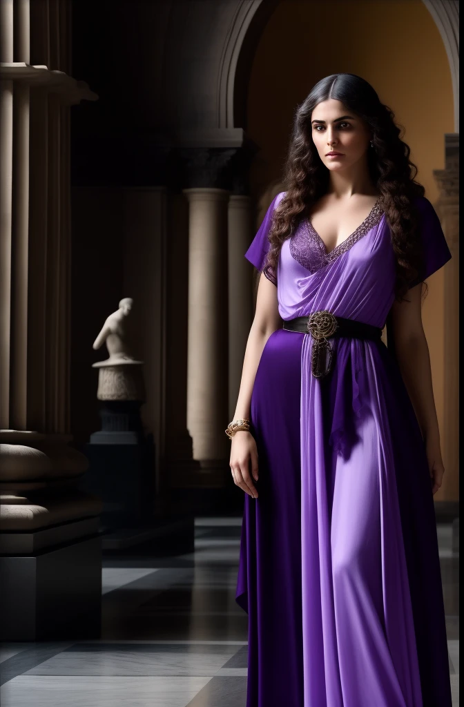 Realistic full-length portrait of the demure and discreet witch Medea wearing a white shirt underneath a purple vest and violet silk robe with black pants, linhas extremamente limpas, steampunk aesthetic, obra-prima inspirada na Feiticeira Escarlate e apresentada no Museu do Louvre e no Metropolitan Museum, brutal Mediterranean beauty in Gothic and Renaissance style, Luz Natural, sem fundo, roupa recatada e discreta, sem sensualizar, rosto vitorioso, image based on the oil painting Medea by Evelyn de Morgan, a famosa bruxa da mitologia grega