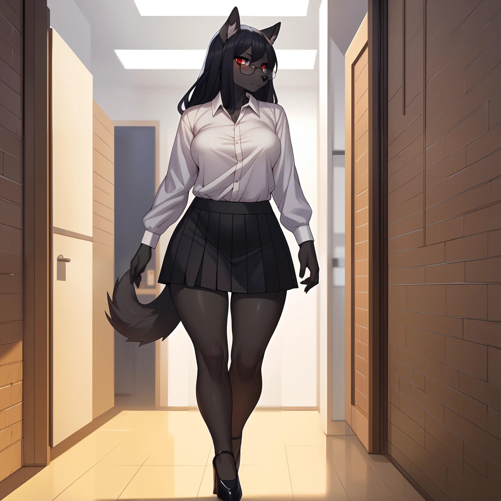 By whisperingfornothing, by gudlmok99, solo, one girl, a black anthro furry wolf woman, tall, mature female, black_body:1.2, tall, black nose, (cute_snout), black wolf tail, long black hair, solid red eyes, highly detailed, medium breasts, white button up shirt, black skirt, black heels, thick rim glasses, serious_face, furrowed eyebrows, walking down a school hallway, windows,