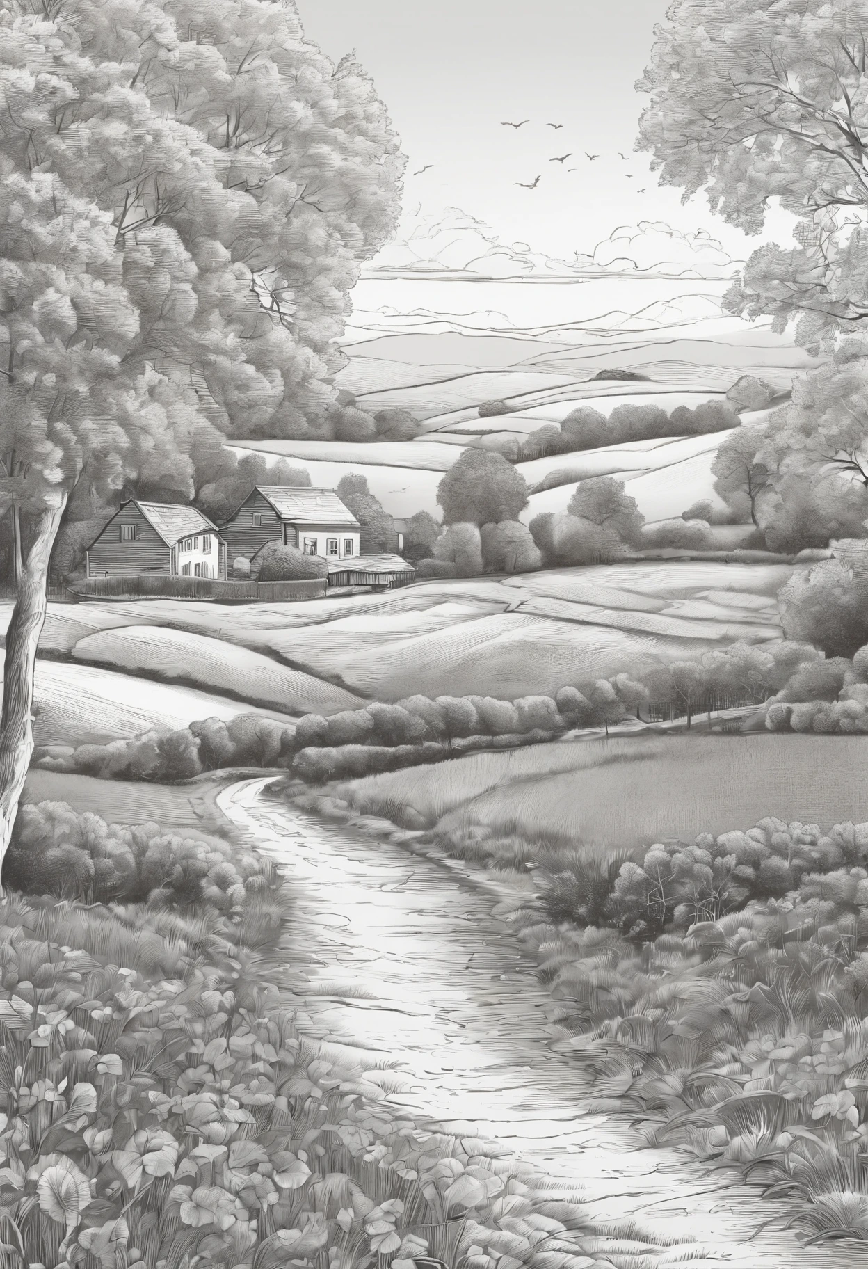 best quality, a stunning lineart artwork of autumn on the countryside, intricately detailed, (best shadow)
