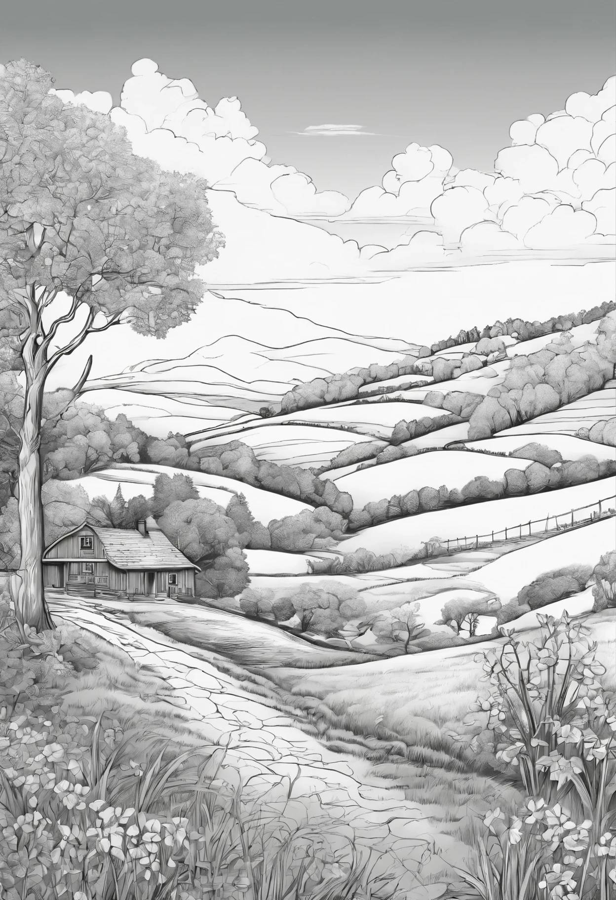 best quality,coloring page, a stunning lineart artwork of on the countryside, intricately detailed, (best shadow)