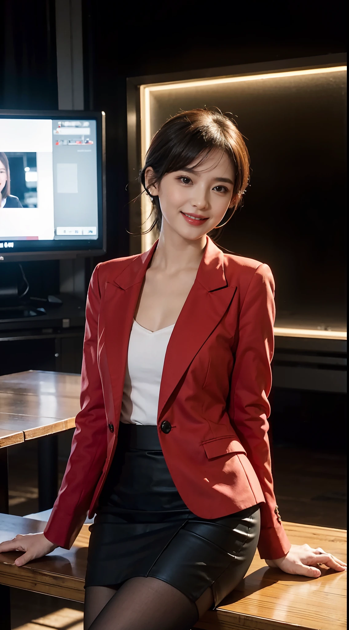 8K,masterpiece,best quality,TV programs, news programs, presenters in the host broadcast news, broadcast halls, sitting upright on the chair behind the table,The table is in front of the girl,There are instruments and equipment on site, large screen,microphone on the table,A girl,Extremely detailed facial details,shoulder length black straight short hair, Wearing earphone in one ear,smile,happy,red blazer and skirt set,shirt,small breasts,slim, thin,Black stockings, high heels,close shot,Broadcasting in progress,Holding the manuscript in hand,cowboy shot,Directly facing the camera,front front,upper body