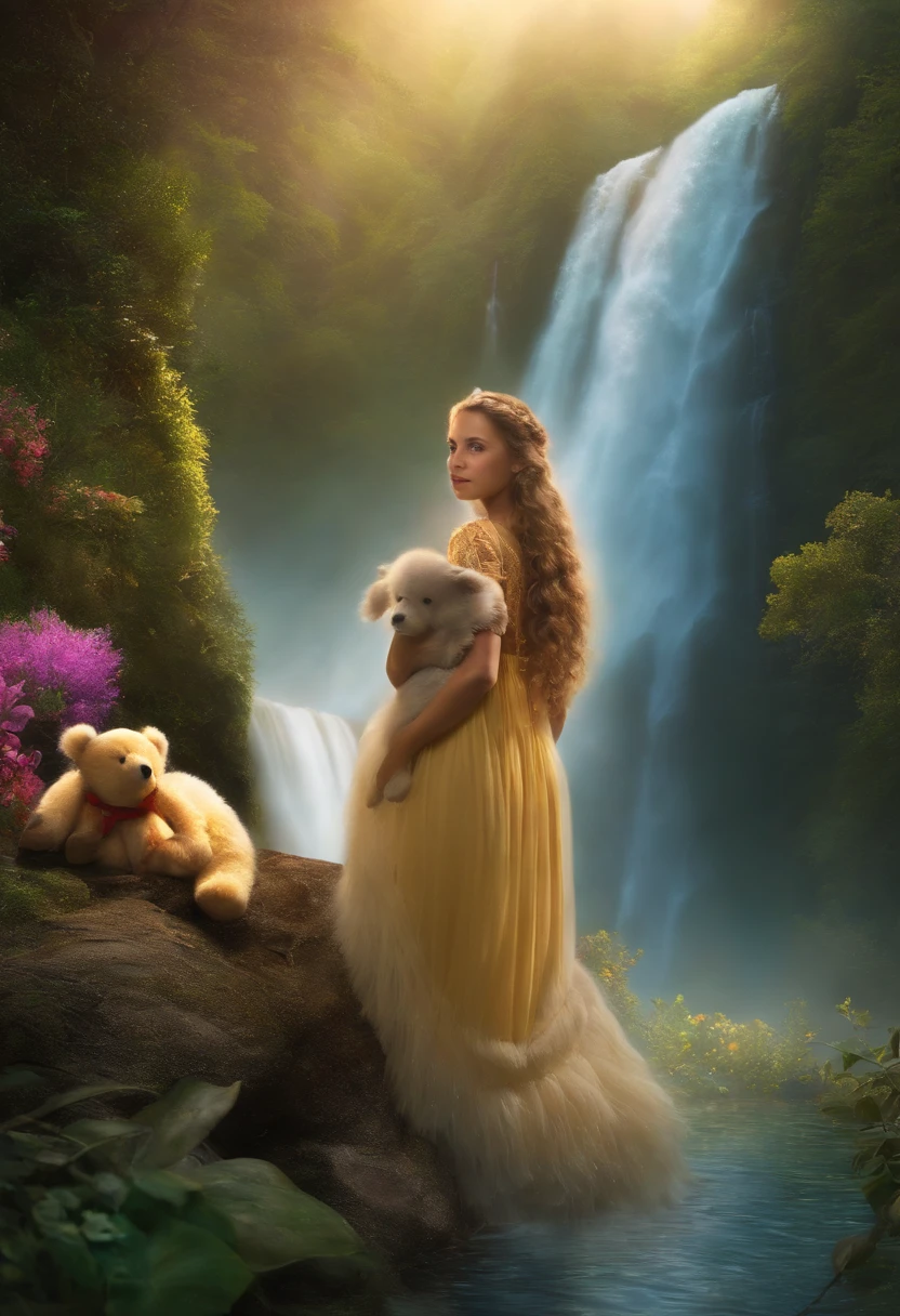 Description: Princess Ayla stands at the base of the Enchanted Valley's waterfall, with her plush bear Bumble by her side. They both look up in awe at the sparkling waters and the rainbow forming in the mist.
Keywords: Princess, waterfall, Bumble, awe, rainbow, mist, enchanted.