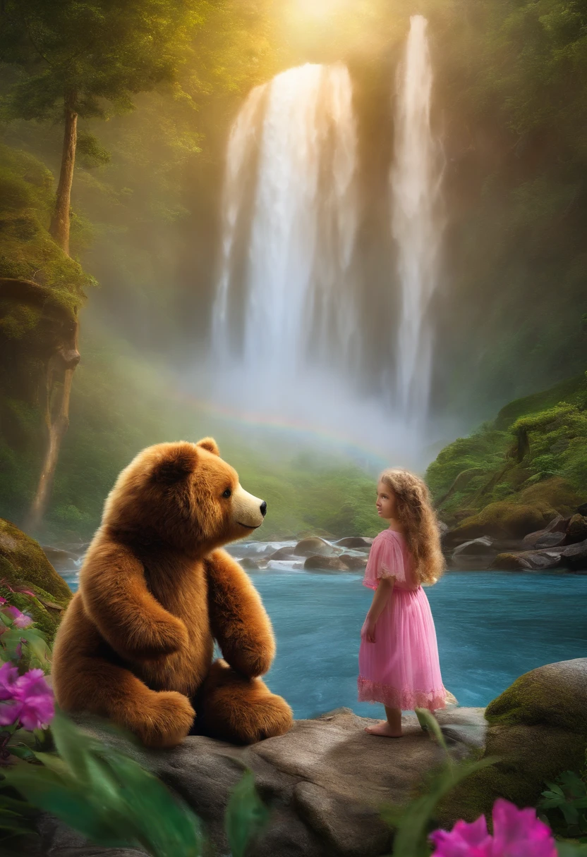 Description: Princess Ayla stands at the base of the Enchanted Valley's waterfall, with her plush bear Bumble by her side. They both look up in awe at the sparkling waters and the rainbow forming in the mist.
Keywords: Princess, waterfall, Bumble, awe, rainbow, mist, enchanted.