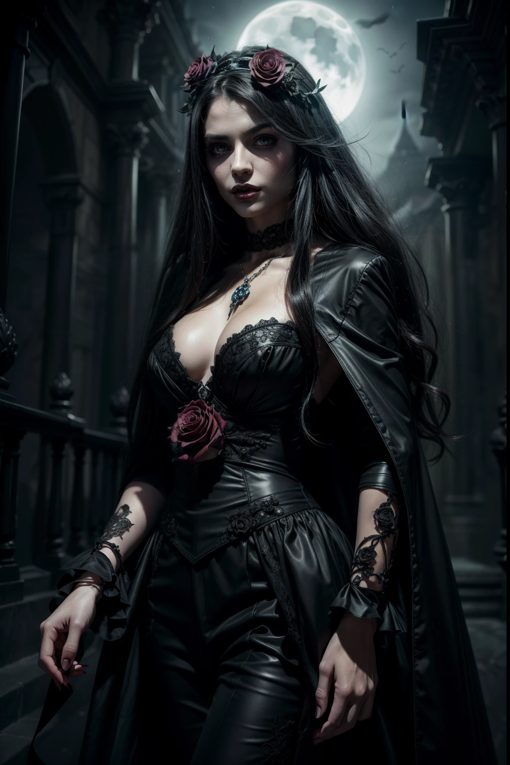 Create an image of a handsome vampire who has just woken up from a deep sleep，The other is a noble and elegant maiden，beautiful alluring colourless eyes, A vampire with exquisite and elegant looks，They have a long time, Flowing hair and angular features，Their skin should be pale and flawless，With a touch of otherworldly beauty, Vampire eyes should be deep and seductive，With a predatory glow，Hint at their insatiable greed for blood，(They should wear erotic clothes that are both modern and timeless)，Its style alludes to the long history of human life，When they wake up from a deep sleep，Vampires should show calm confidence，Exudes an aura of danger and intrigue，The background should be shrouded in shadow，Only a hint of moonlight passed through the darkness，In the hands of vampires，There should be a small vial of blood，Based on their latest victims，Vampires should be content and slightly uneasy about their hunger，As if they are aware of the danger they pose to those around them，gothic art style，ultra-realistic realism，Psychedelic surrealist art，Surrealist psychedelic design，dream art style，Illusion psychedelic art，Quality quantity, Skin texture, Intricate details, (Cinematic lighting), RAW photo, 8K，(black rose headband), (holding black rose)