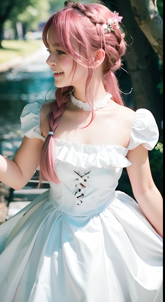 (ultra-detailliert), Cute princess dress in white color,(frilly dress),(shortsleeves),Blue eyes,The upper part of the body、a closeup、faces、(A smile:1.5),(facing front:1.2), 20yr old, teens girl,no tail,(no tail),2D, ​masterpiece, top-quality, animesque, A detailed eye, A detailed face, girl with, Only 1 person,Pink Hair Medium Hair, (Pink hair),  Ear Hair, small tits, Single braid, (Single braid), (Side braid), Pink ribbon, Ribbon around the neck, (White sleeves), Background bokeh