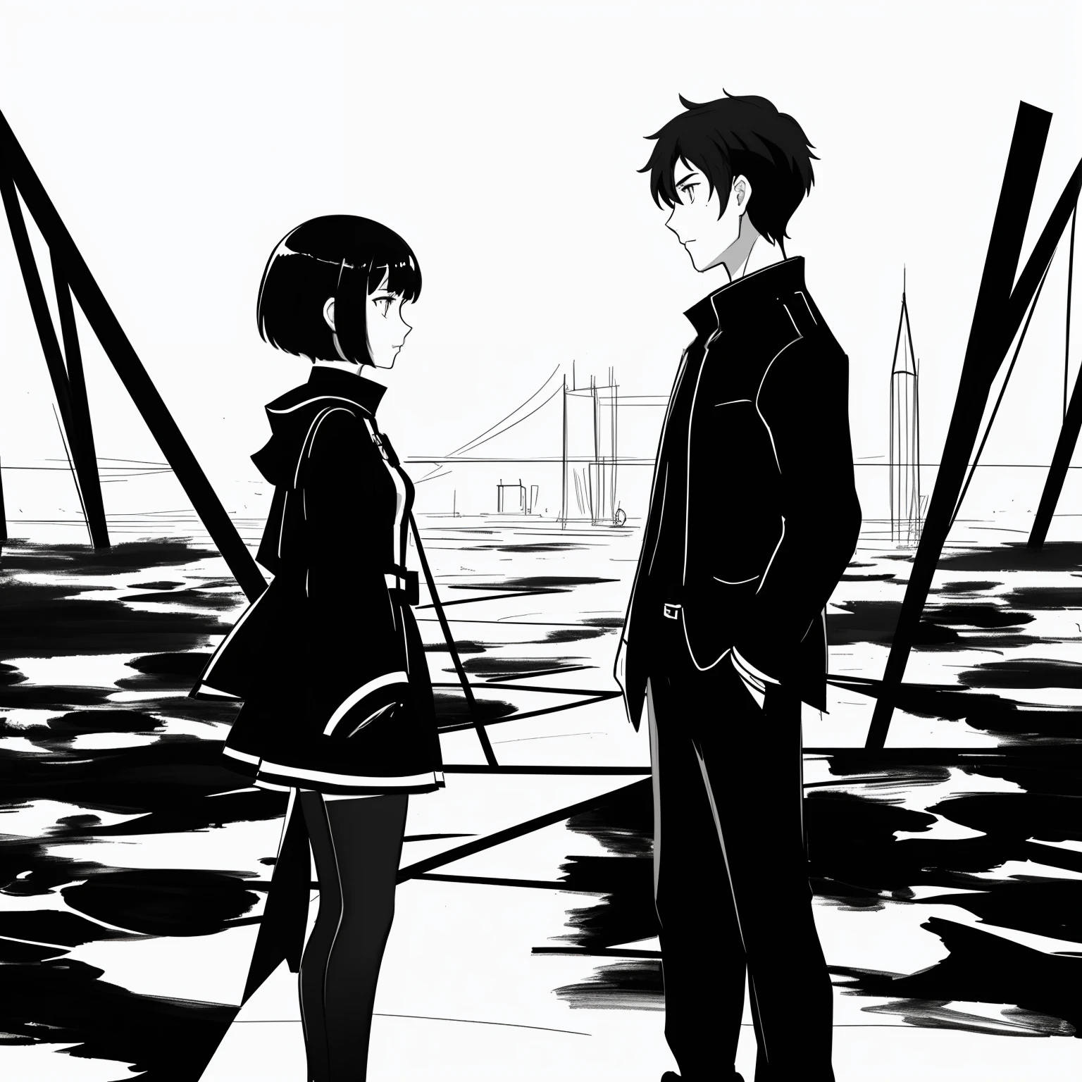 Abstract ((ink style, sketch, black and white)) 1 girl, short hair, In the twilight of their shared moments, the girl and the boy stood at the crossroads of their intertwined destinies. Their gazes, like parallel lines, met briefly before diverging into different horizons.