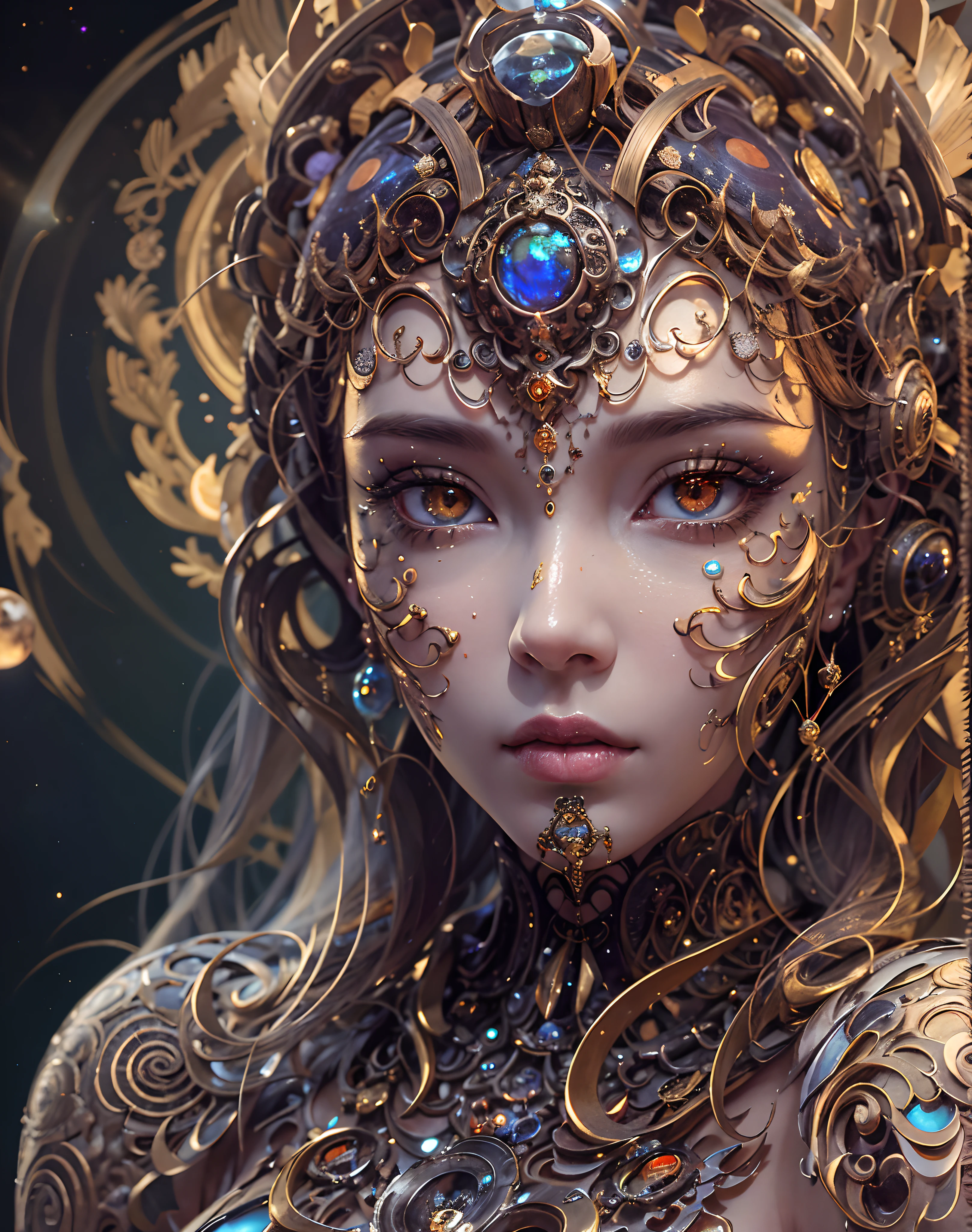 （best qualtiy，ultra - detailed，Most Best Illustration，Best shadow，tmasterpiece，A high resolution，professionalartwork，famousartwork），Detailed eyes，beautidful eyes，closeup cleavage，sci-fy，colored sclera，Orange Eye color, Robot eyes，face markings，Tattooed with，（fractalized，Fractal eyes），largeeyes，Wide eyes，（Eye focus），sface focus，Cosmic eyes，Space eyes，Close-up of metal sculpture of a woman with a moon in her hair，goddes。extremly high detail，3 d goddess portrait，Extremely detailed footage of the goddess，a stunning portrait of a goddess，Side image of the goddess，portrait of a beautiful goddess，Full body close-up portrait of the goddess，hecate goddess，portrait of a norse moon goddess，goddess of space and time,