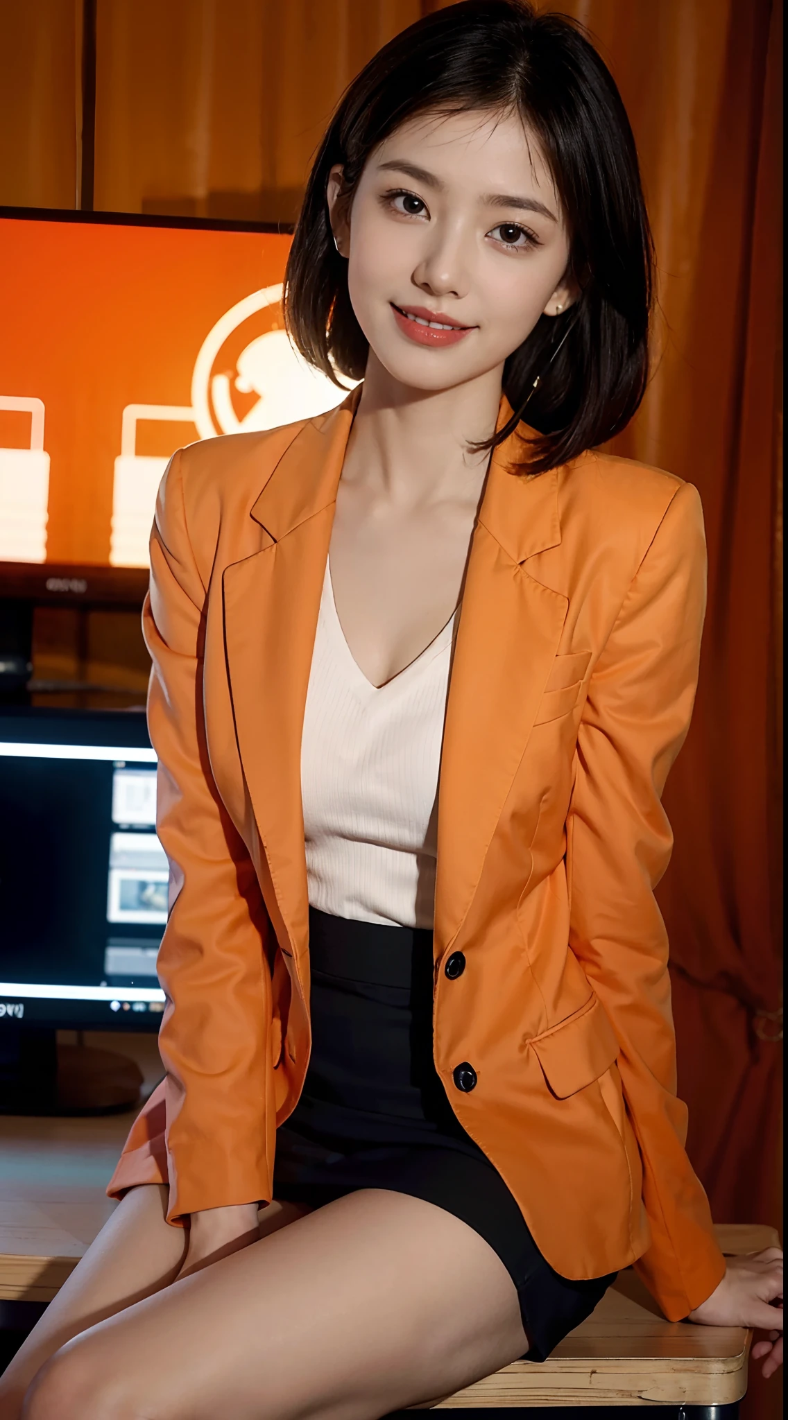 8K，masterpiece，best quality，TV programs, news programs, presenters in the host broadcast news, broadcast halls, sitting upright on the chair behind the table，The table is in front of the girl，There are instruments and equipment on site, large screen,microphone on the table，A girl，Extremely detailed facial details，shoulder length black straight short hair, Wearing earphone in one ear，smile，happy，yellow blazer and skirt set,shirt，small breasts，slim, thin,Black stockings, high heels，close shot，Broadcasting in progress，Holding the manuscript in hand，cowboy shot，Directly facing the camera，front front，upper body