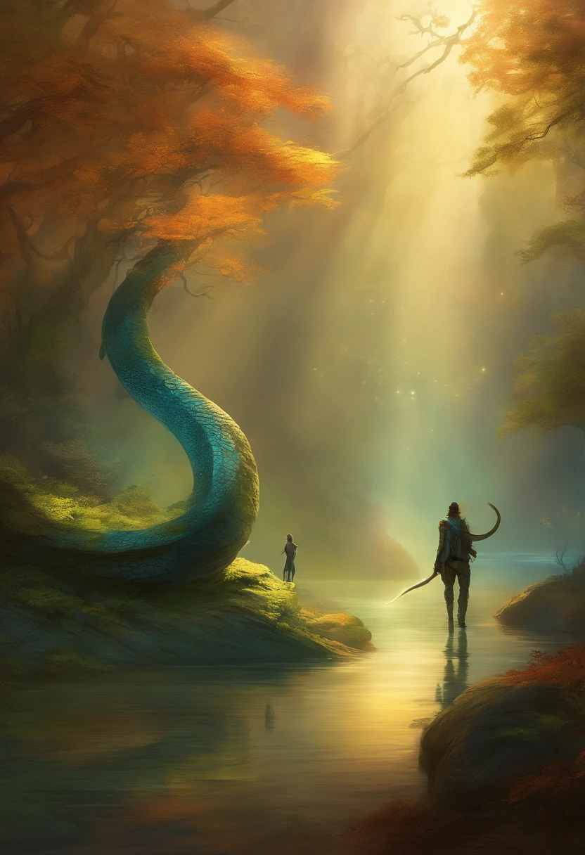 Create an artwork that depicts a chance meeting between the enigmatic half-human, half-snake creature and a determined human adventurer. The adventurer should be portrayed as someone on a quest, carrying the tools of their trade and exuding an air of bravery and curiosity.
Place them in a surreal and mystical environment, where ancient trees with bioluminescent leaves cast an eerie glow. The atmosphere should be filled with an aura of magic and wonder, as if the meeting of these two beings is destined to unravel a hidden mystery.
Capture the moment when their eyes first lock, conveying a mix of surprise, fascination, and perhaps a hint of trepidation. The creature's serpentine grace should contrast with the adventurer's human determination, creating a sense of otherworldly beauty and curiosity