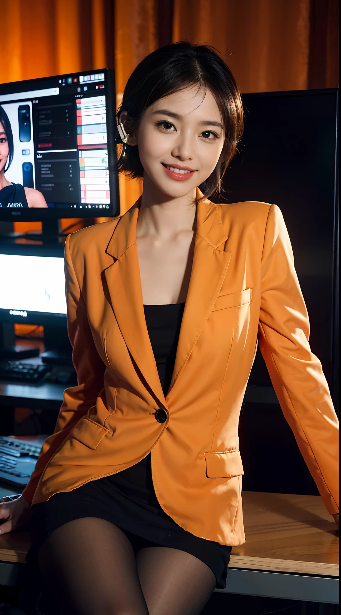 8K,masterpiece,best quality,TV programs, news programs, presenters in the host broadcast news, broadcast halls, sitting upright on the chair behind the table,The table is in front of the girl,There are instruments and equipment on site, large screen,microphone on the table,A girl,Extremely detailed facial details,shoulder length black straight short hair, Wearing earphone in one ear,smile,happy,orange blazer and skirt set,shirt,small breasts,slim, thin,Black stockings, high heels,close shot,Broadcasting in progress,Holding the manuscript in hand,cowboy shot,Directly facing the camera,front front,upper body